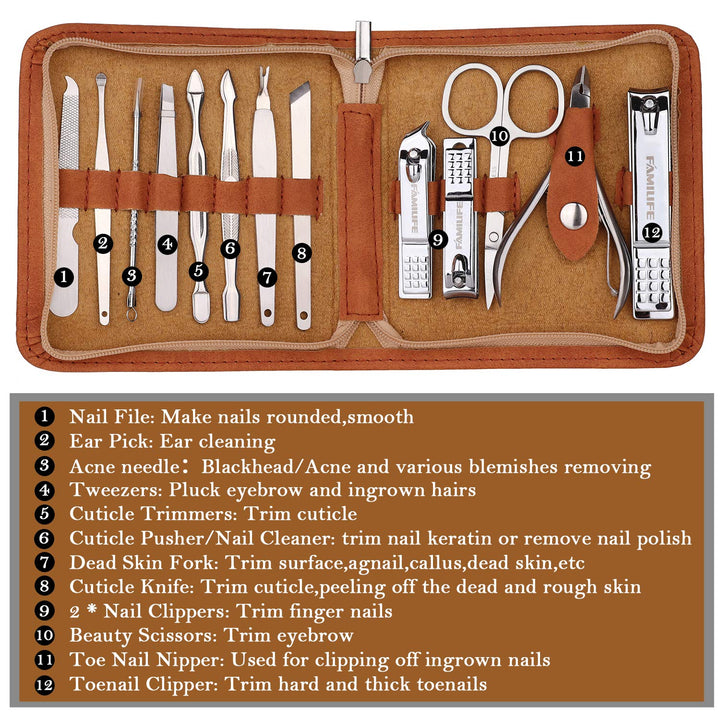 FAMILIFE F03 Manicure Pedicure Set Nail Clippers Tool 13pcs Professional Stainless Steel Portable Travel Grooming Kit Nail Care Nail Scissors Kit Men Women