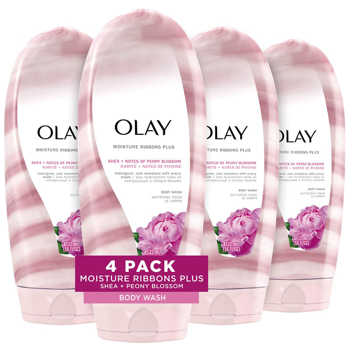 Body Wash by Olay, Moisture Ribbons Plus Shea + Peony Blossom Body Wash, 18 fl oz (Pack of 4)