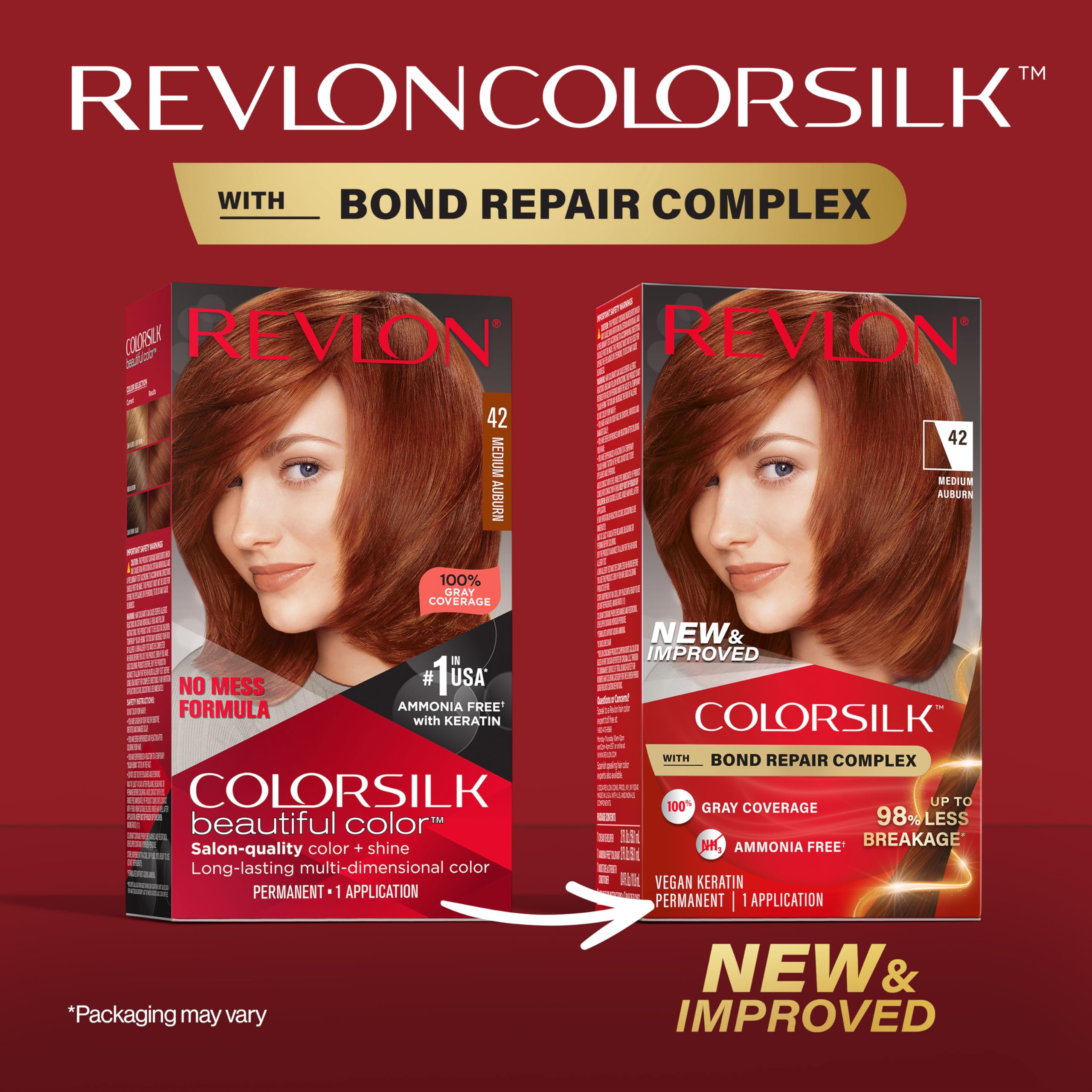 Revlon ColorSilk with Bond Repair Complex, Auburn Permanent Hair Color, 100% Gray Coverage, Ammonia Free Hair Dye, Vegan Keratin, 42 Medium Auburn (Pack of 3)