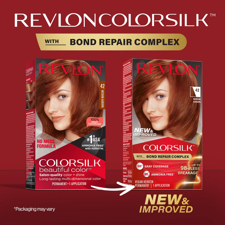 Revlon ColorSilk with Bond Repair Complex, Auburn Permanent Hair Color, 100% Gray Coverage, Ammonia Free Hair Dye, Vegan Keratin, 42 Medium Auburn (Pack of 3)