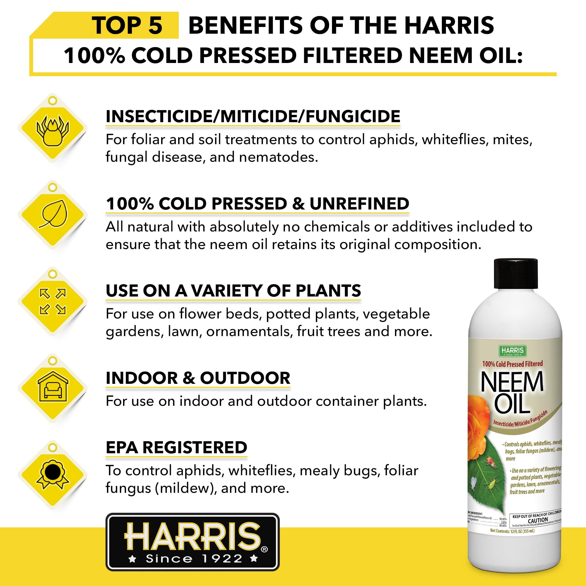 Harris Neem Oil, 100% Cold Pressed and Unrefined for Plants, Skin & Hair, 12oz Cosmetic Grade