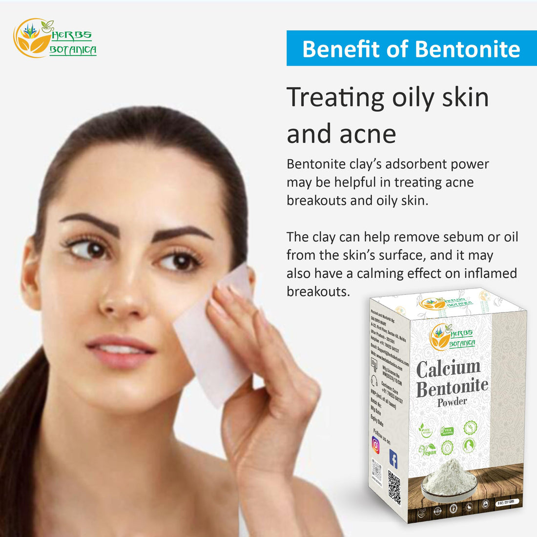 Herbs Botanica Calcium Bentonite Clay Food Grade Powder Indian Healing Clay for Face and Body, Detox Body Wrap, Deep Pore Cleansing Facial, Natural Facial Mask 8 oz / 227 gms / 1/2 lb