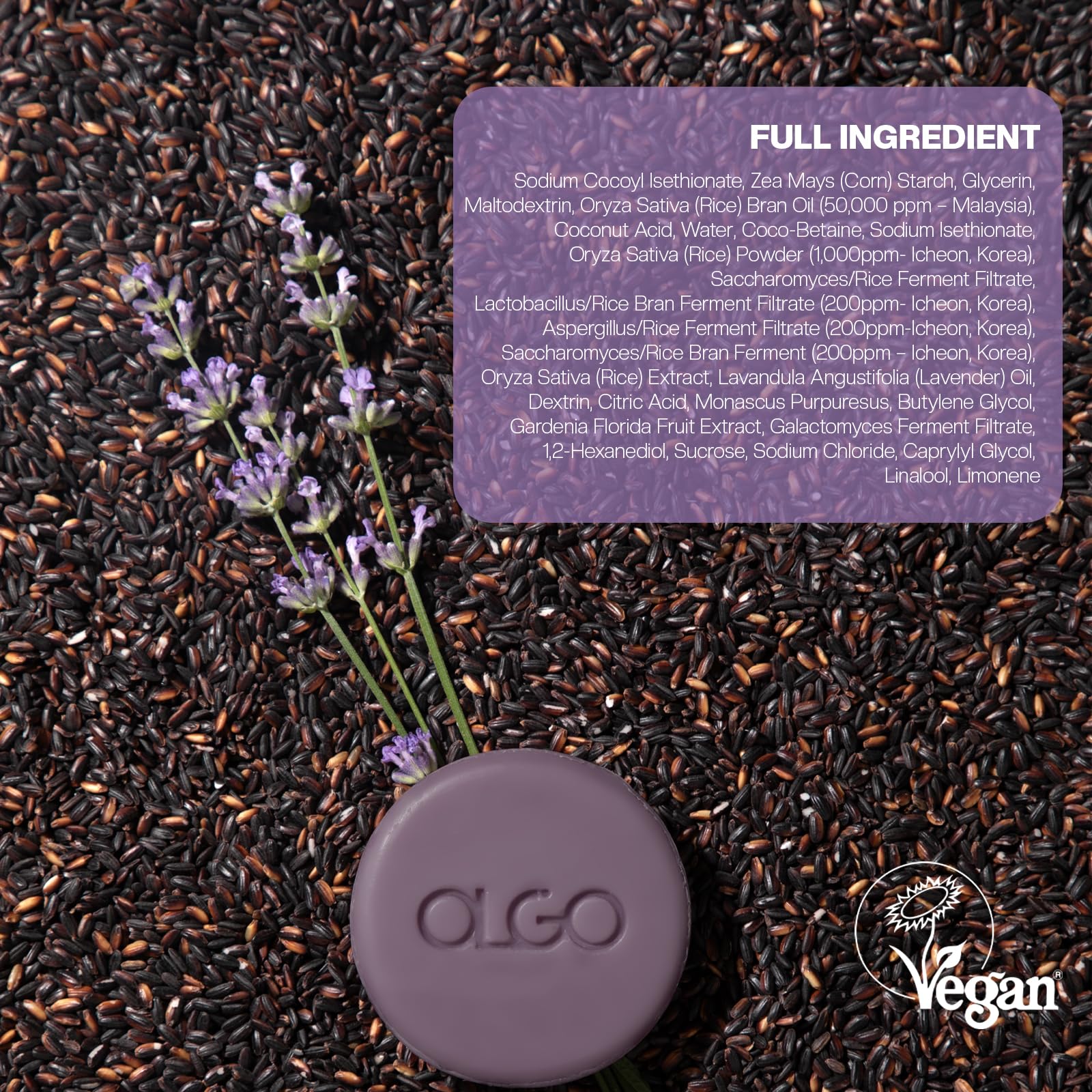 OLGO Rice Cleansing Bar 3.5 oz - Soap-free cleansing bar for face and body | crystal clear & moist skin with fermented Korean rice water and natural lavender oil | vegan, sustainable formula