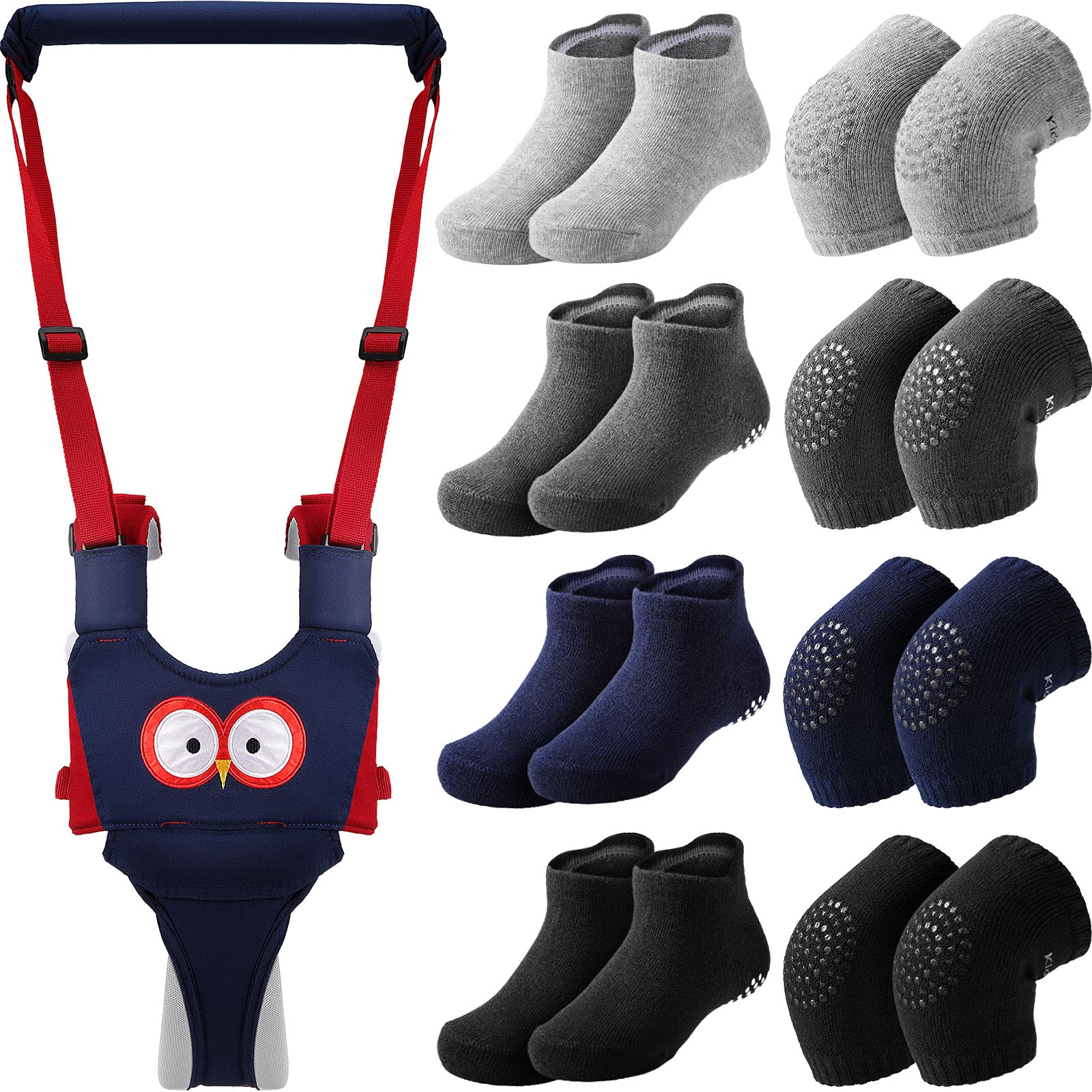 Panitay Handheld Baby Walking Harness Adjustable Toddler Walking Assistant Baby Walker Assistant Belt with 4 Pairs Crawling Anti-Slip Knee 4 Pairs Non Slip Toddler Socks Grips, 7-24 Months Old