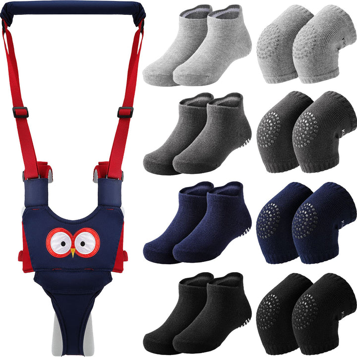 Panitay Handheld Baby Walking Harness Adjustable Toddler Walking Assistant Baby Walker Assistant Belt with 4 Pairs Crawling Anti-Slip Knee 4 Pairs Non Slip Toddler Socks Grips, 7-24 Months Old