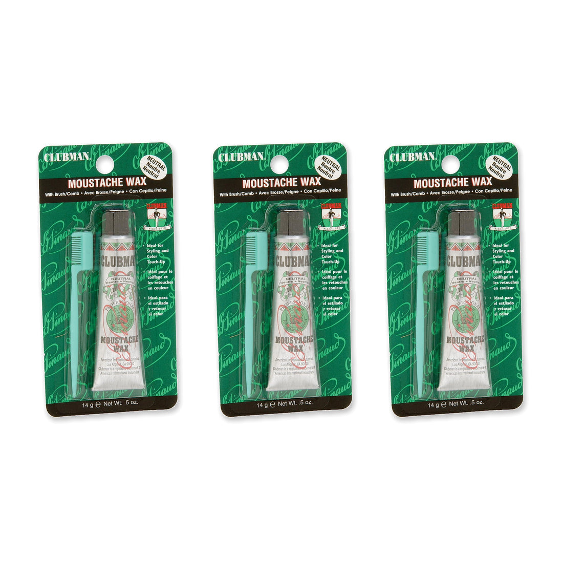 Clubman Pinaud Moustache Wax with Free Brush/Comb Applicator, Neutral, 0.5-Ounce (Pack of 3)