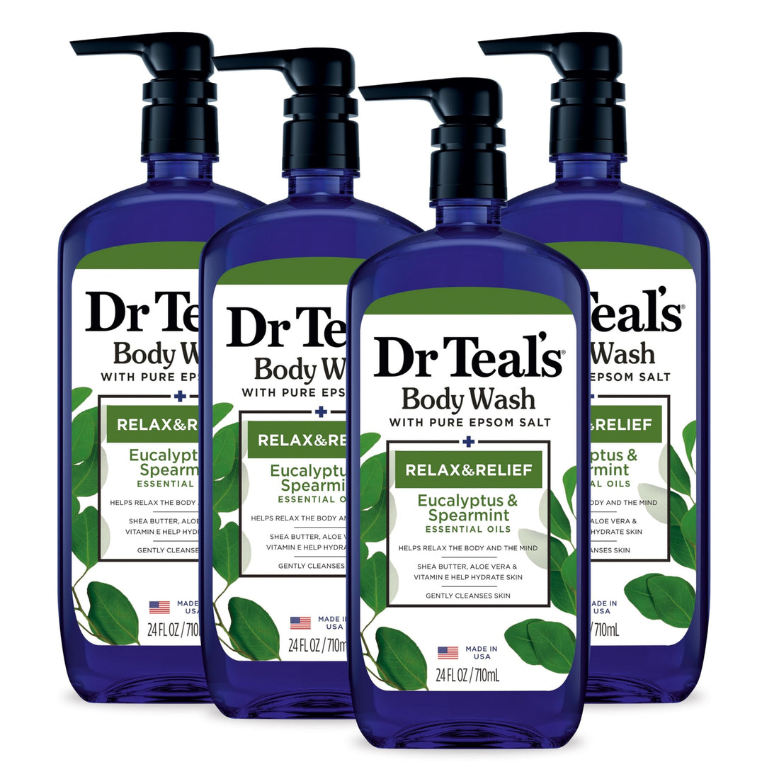 Dr Teal's Body Wash with Pure Epsom Salt, Relax & Relief with Eucalyptus & Spearmint, 24 fl oz (Pack of 4)