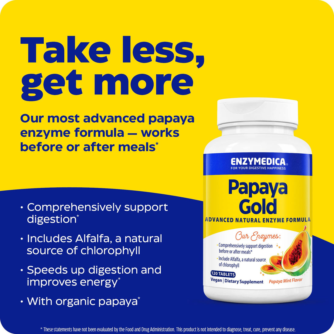 Enzymedica Papaya Gold, Advanced Digestive Enzymes with Natural Organic Papaya & Chlorophyll for Comprehensive Digestion Support, High Potency Bromelain & Papain, Vegan, Mint, 120 Chewable Tablets