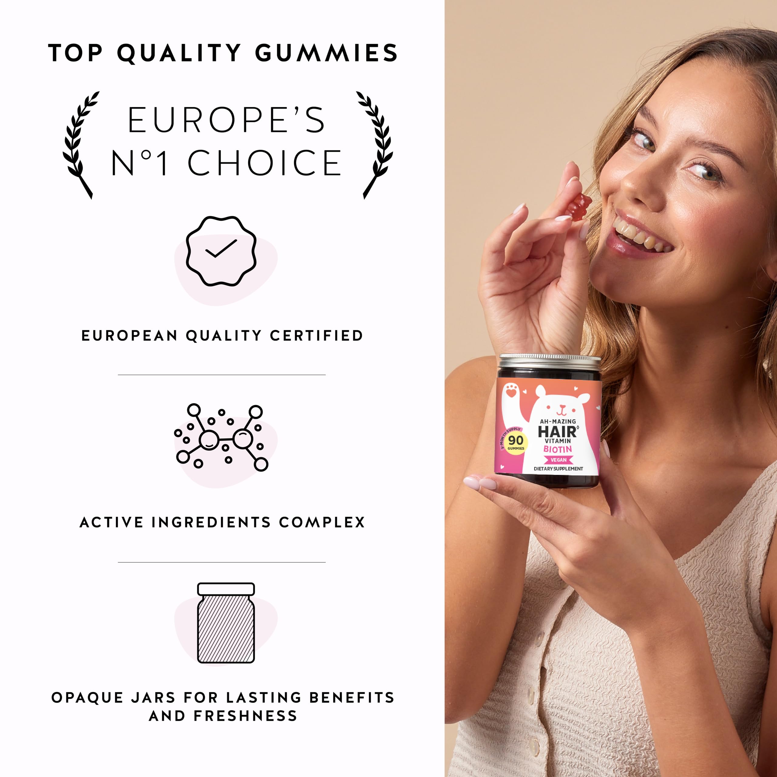 Biotin Gummies for Hair, Skin & Nails. 5,000 mcg High Potency Vegan Vitamins for Faster Hair Growth, Stronger Nails & Healthy Skin. with Vitamins C & E, 90 Gummies