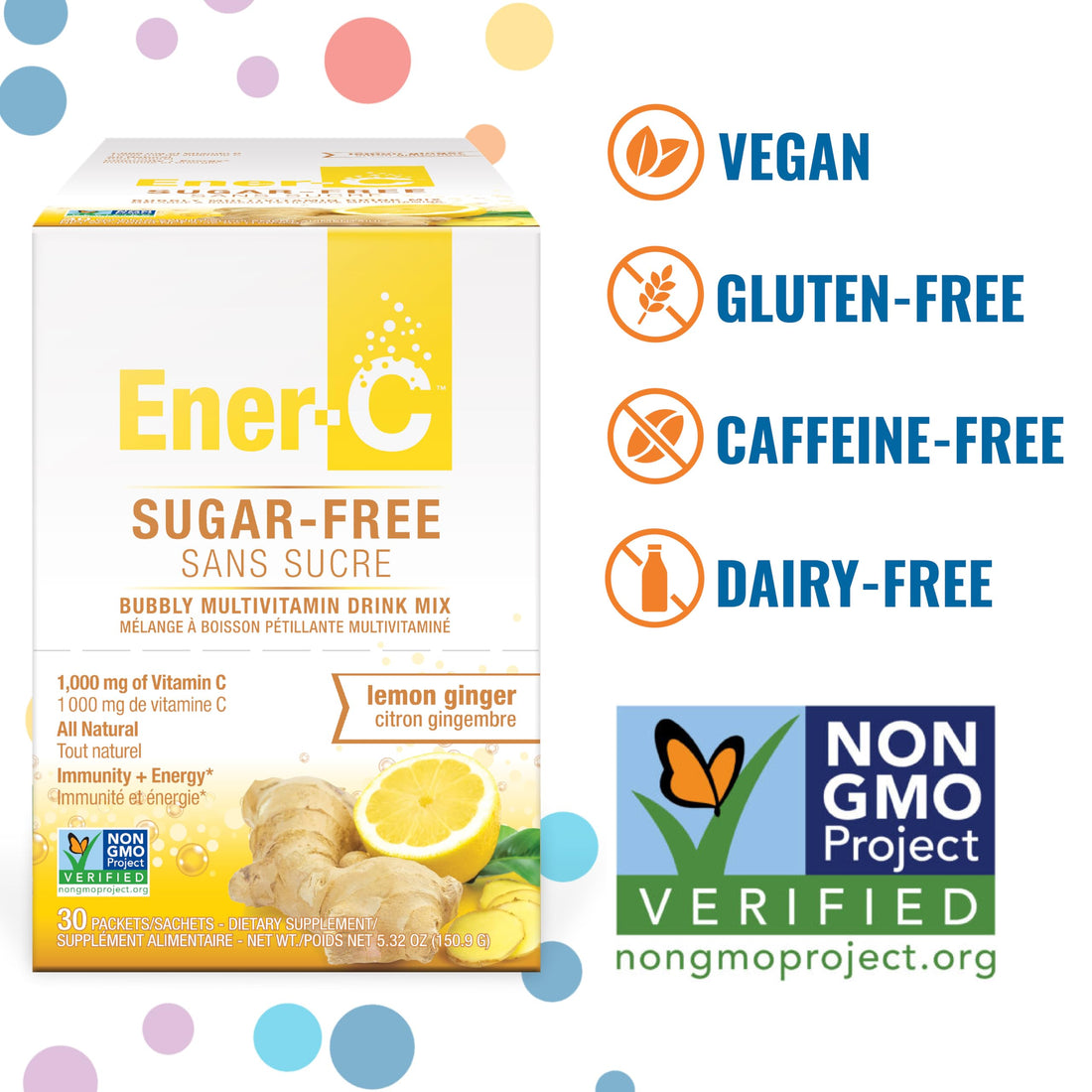 Ener-C Sugar Free Lemon Ginger Multivitamin Drink Mix, 1000mg Vitamin C, Non-GMO, Vegan, Real Fruit Juice Powders, Natural Immunity Support, Electrolytes, Gluten Free, 1-Pack of 30