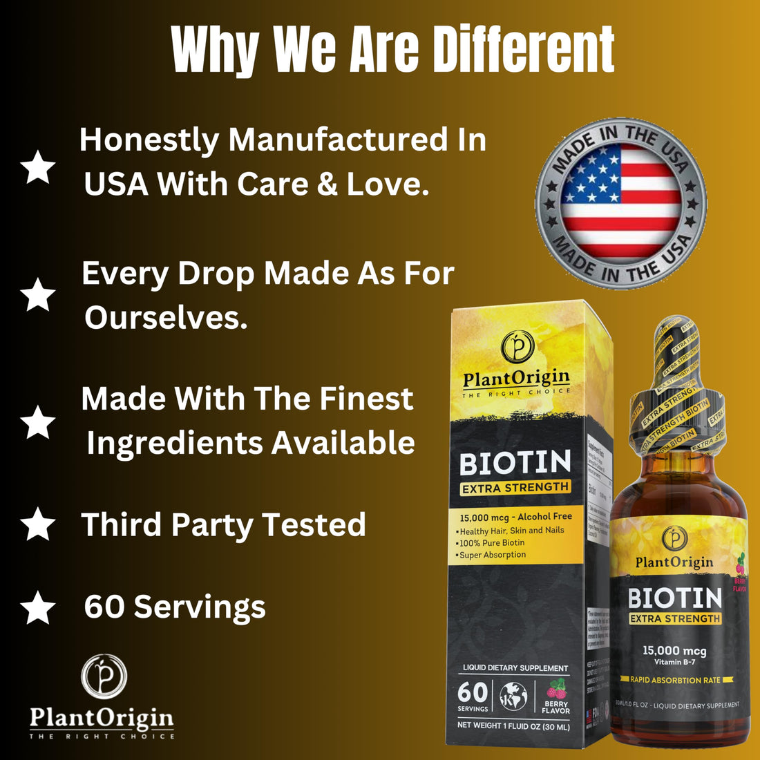 PLANTORIGIN Extra Strength15,000 MCG Biotin Liquid Drops - Promotes Hair Growth, Radiant Skin & Strong Nails, Vegan & Kosher, Berry Flavor - 5X Absorption, 60 Servings