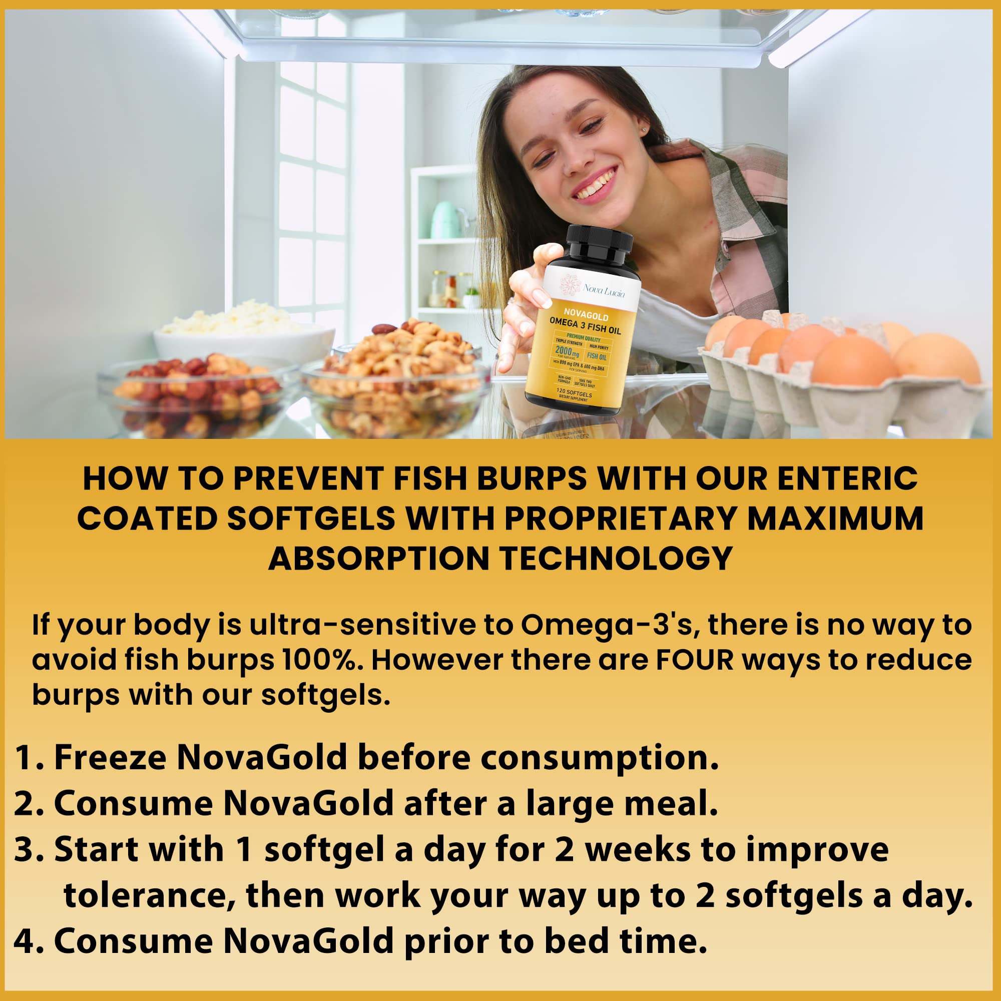 Omega 3 Burpless Fish Oil Supplement 2000mg Max Strength Maintain Healthy Heart, Sharper Brain, Shiny Hair, Boost Immune System, High Potency EPA & DHA Vitamin E, Non-GMO 120 Small Liquid Softgels