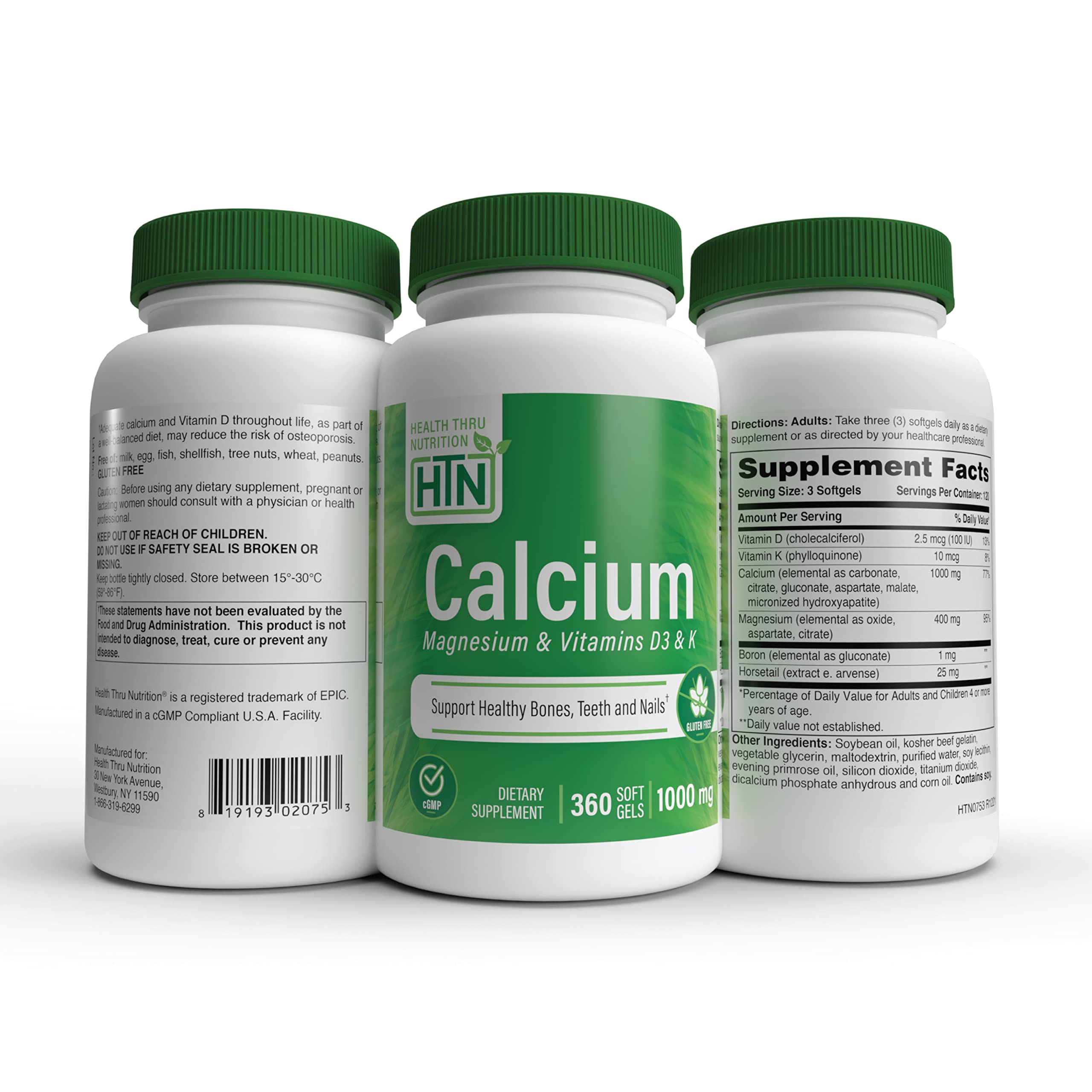 Health Thru Nutrition Calcium 1000mg and Magnesium 400mg with Vitamin D3 & K 360 Softgels (4 Month Supply)