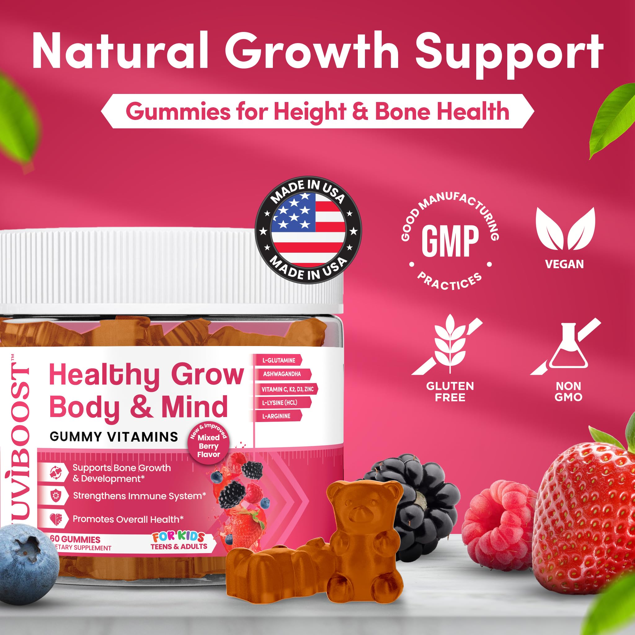 NUVIBOOST Healthy Grow Height Growth Gummies Rich in Calcium, Vitamins C, D3, K2, L-Arginine, Ashwagandha, and Others, Boost Bone Health & Immunity, Multivitamin, for Kids 5+, Teens and Adults.