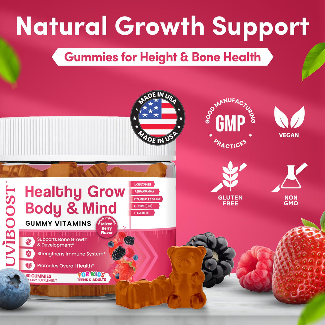 NUVIBOOST Healthy Grow Height Growth Gummies Rich in Calcium, Vitamins C, D3, K2, L-Arginine, Ashwagandha, and Others, Boost Bone Health & Immunity, Multivitamin, for Kids 5+, Teens and Adults.