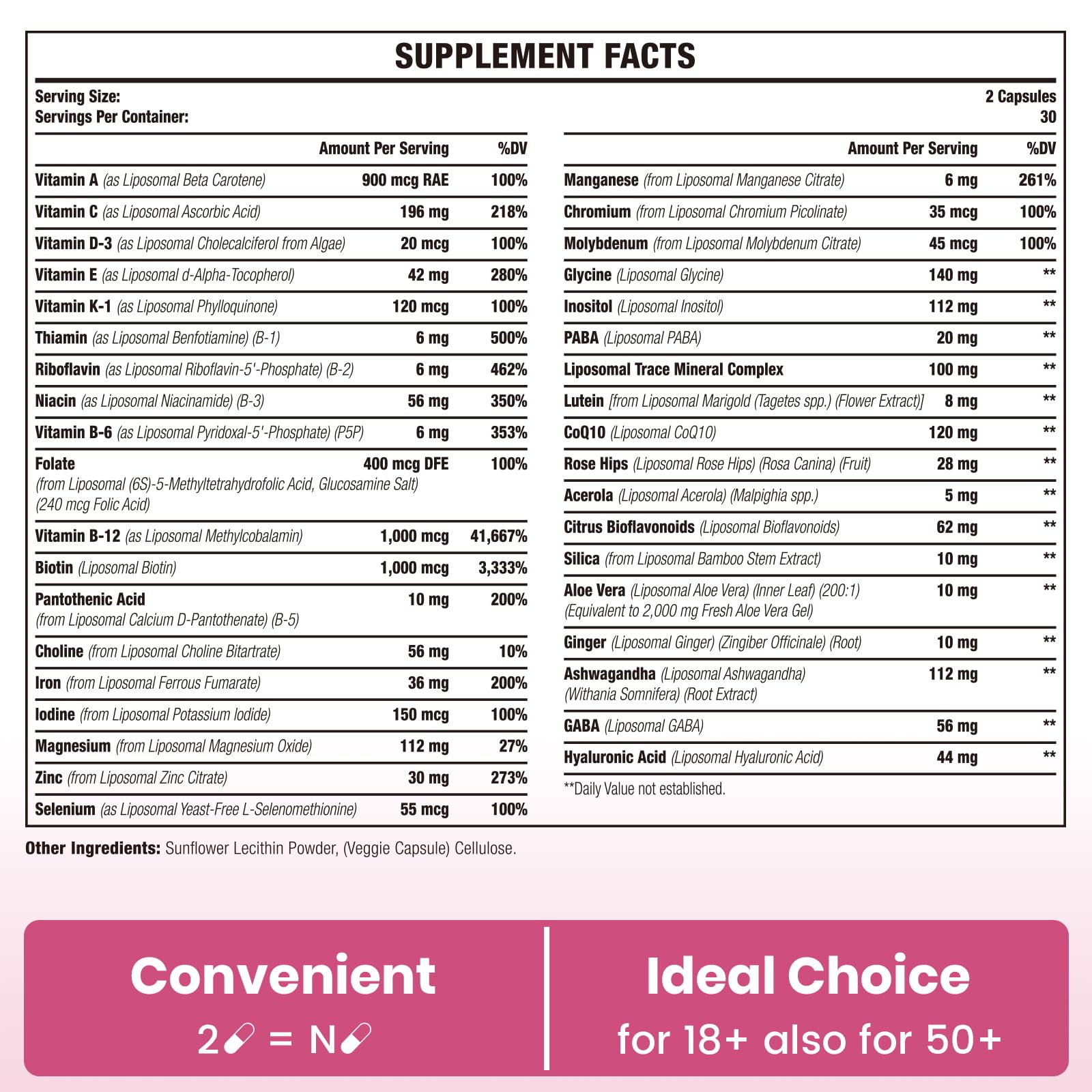 Liposomal Multivitamin for Women 1400MG - Womens Daily Multi Vitamins Supplements with Iron, Vitamin A, C, D, E and B Complex for Immune Health, Hair & Skin Support for Women 18+,60 Vegan Capsules