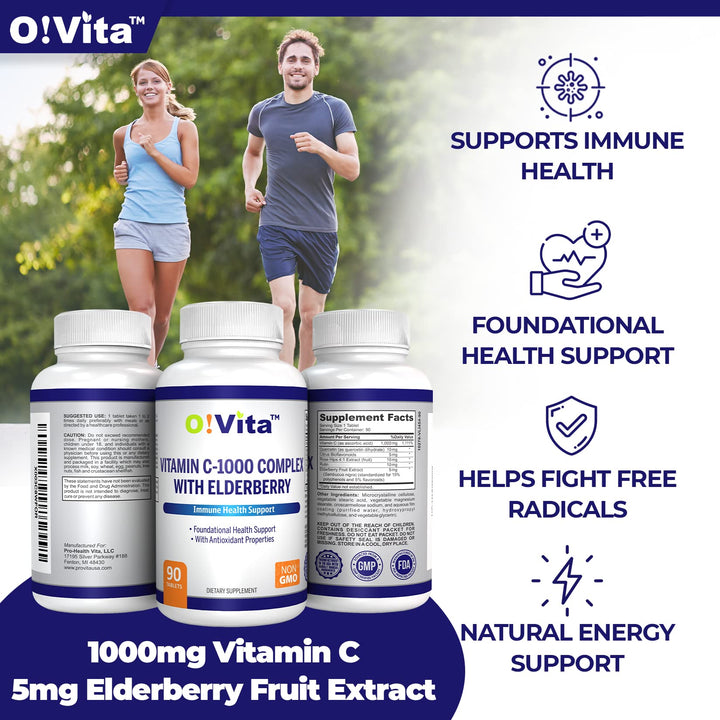 O!VITA Vitamin C-1000 Complex with Elderberry (Sambucus Nigra), Supports Immune Health and Energy Levels, up to 3-Month Supply, (90 Vegan Tablets)