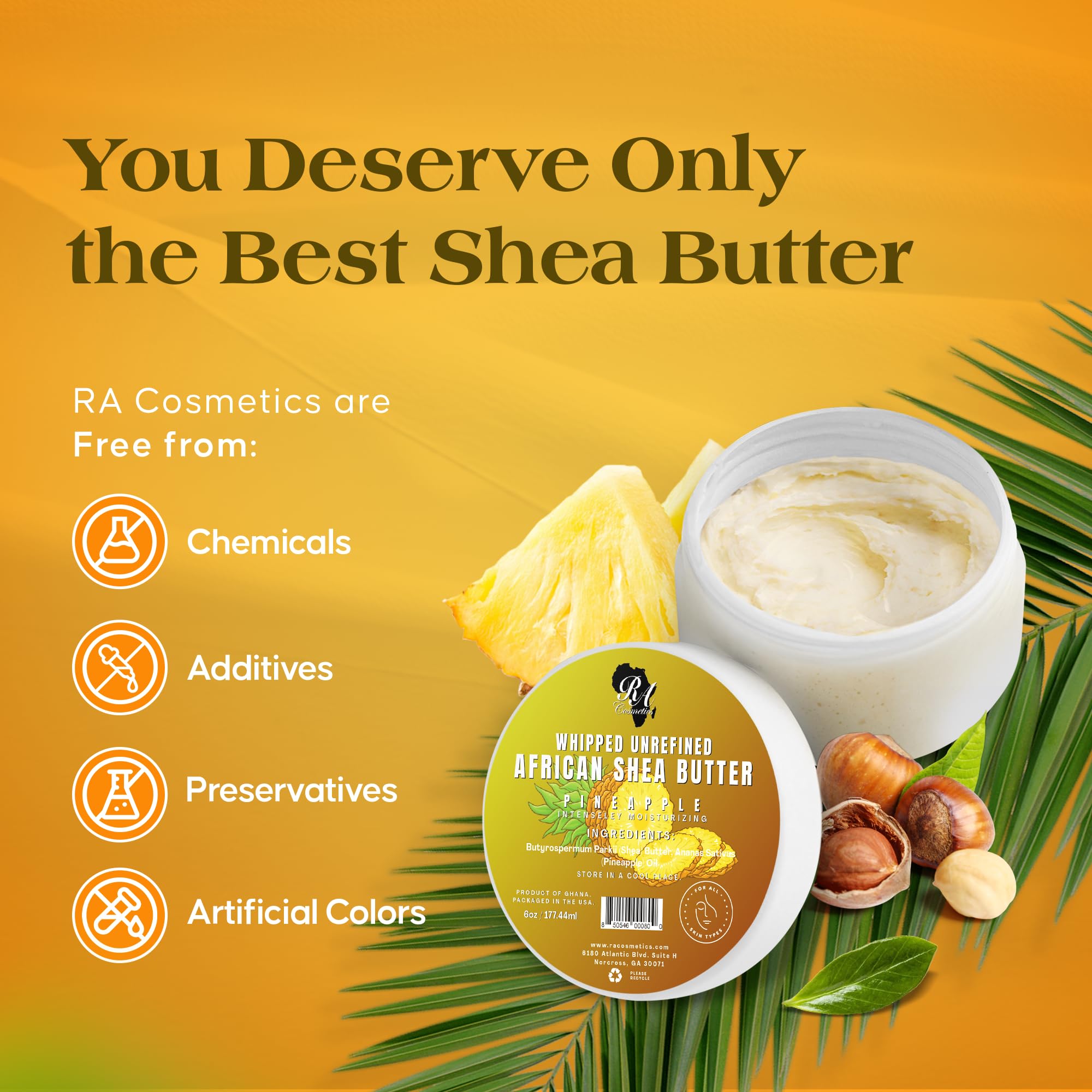 RA COSMETICS Whipped Shea Butter Pineapple - 6oz | 100% Pure & Natural African Shea Butter for Men & Women - Ultimate Handcrafted Moisturizer with Essential Vitamins for Radiant Skin