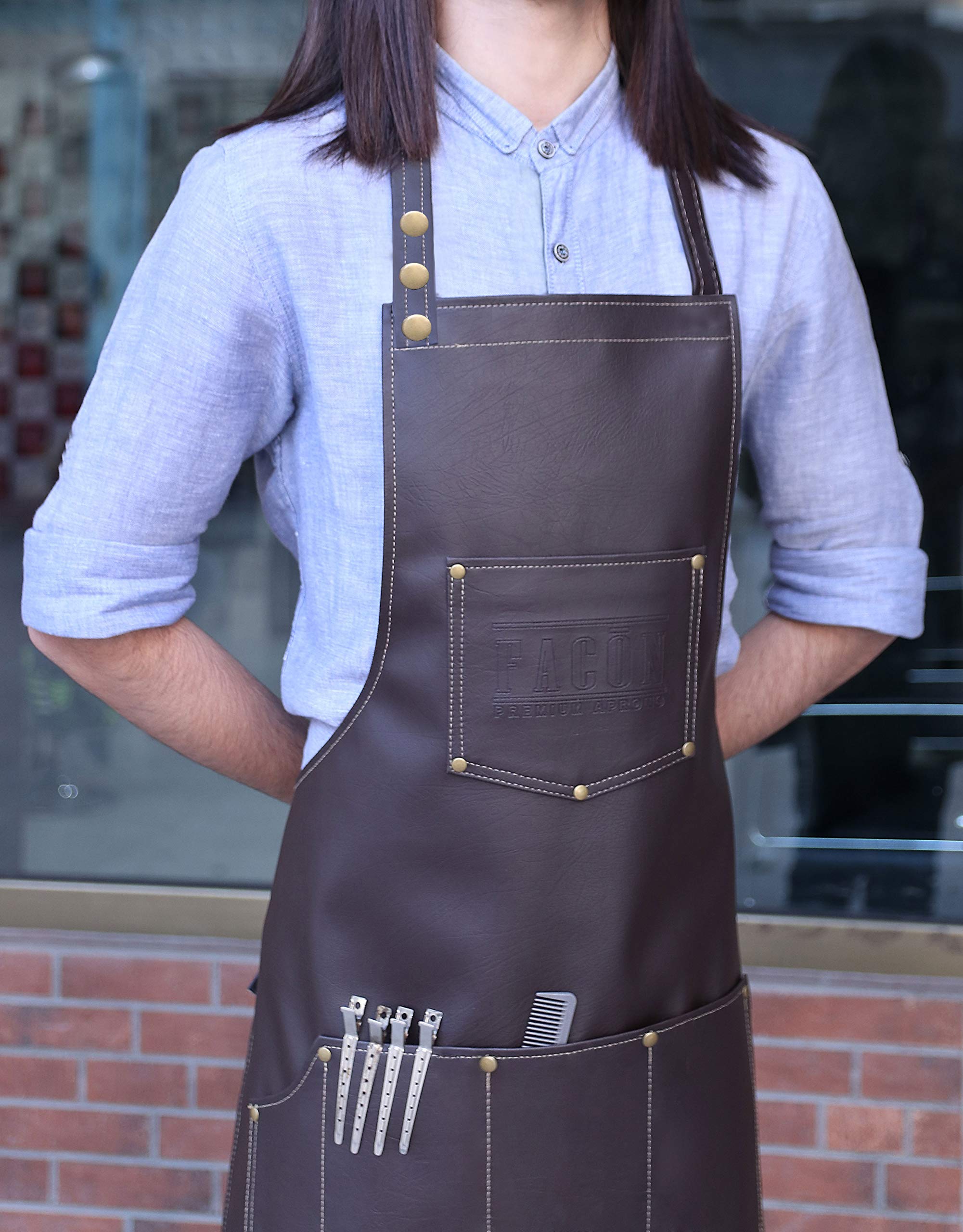 FacÃƒ³n Professional Leather Hair Cutting Hairdressing Barber Apron Cape for Salon Hairstylist - Multi-use, Adjustable with 6 pockets - Heavy Duty Premium Quality - Limited Edition - 28 x 24 (Brown)