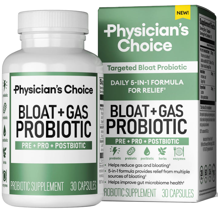 Physician's CHOICE Bloat & Gas Probiotic 5-in-1 Proactive Support + Daily Relief - Digestion & Gut Health- Herbals, Digestive Enzymes, Post & Prebiotics - Gas Relief for Adults - Women & Men - 30ct