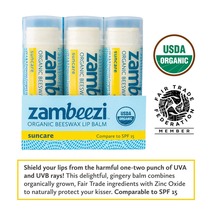 Zambeezi Organic Lip Beeswax Balm- 3 Pk (Suncare with Zinc Oxide, 3-Pk)