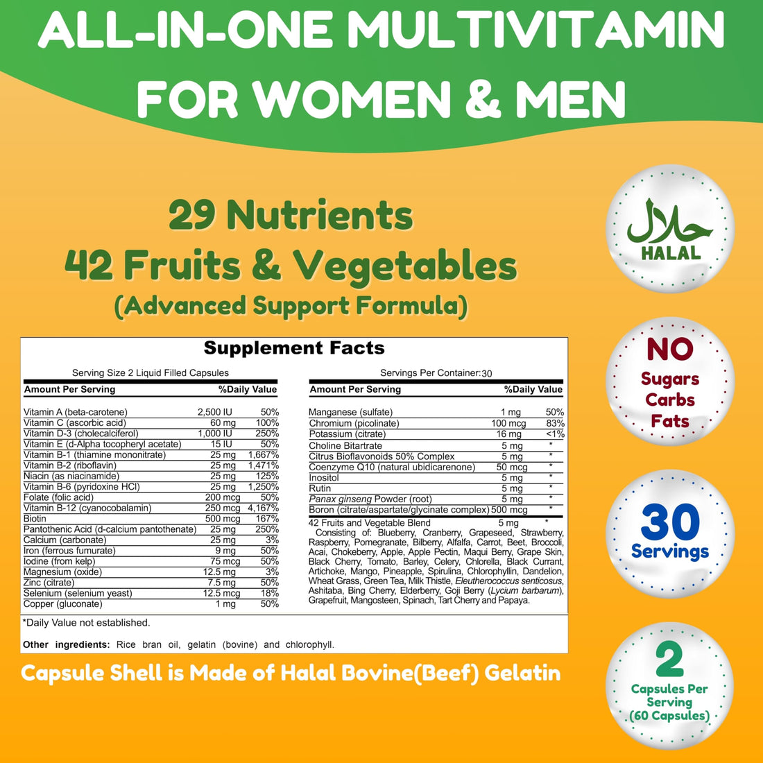 SHIFAA NUTRITION Halal Multivitamins for Women, Men & Adults, 30 Servings | Iron, Vitamin A, B6, B12, Biotin, Niacin, C, D3, E, Zinc, Calcium, Folic Acid, CoQ10 | Halal Vitamins