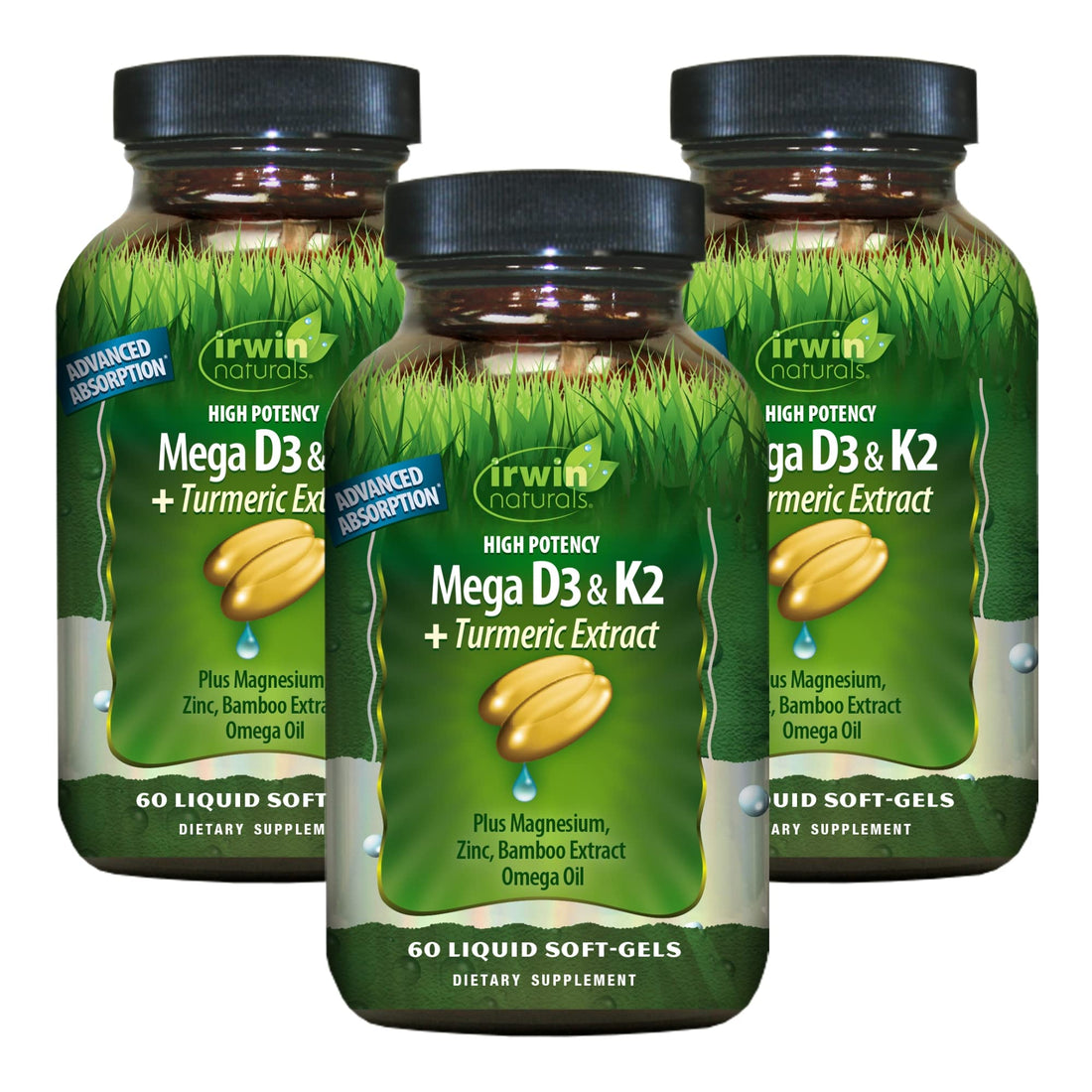 Irwin Naturals High Potency Mega D3 & K2 + Turmeric Extract - 60 Liquid Soft-Gels, Pack of 3 - Healthy Bones & Immune Function - 90 Total Servings