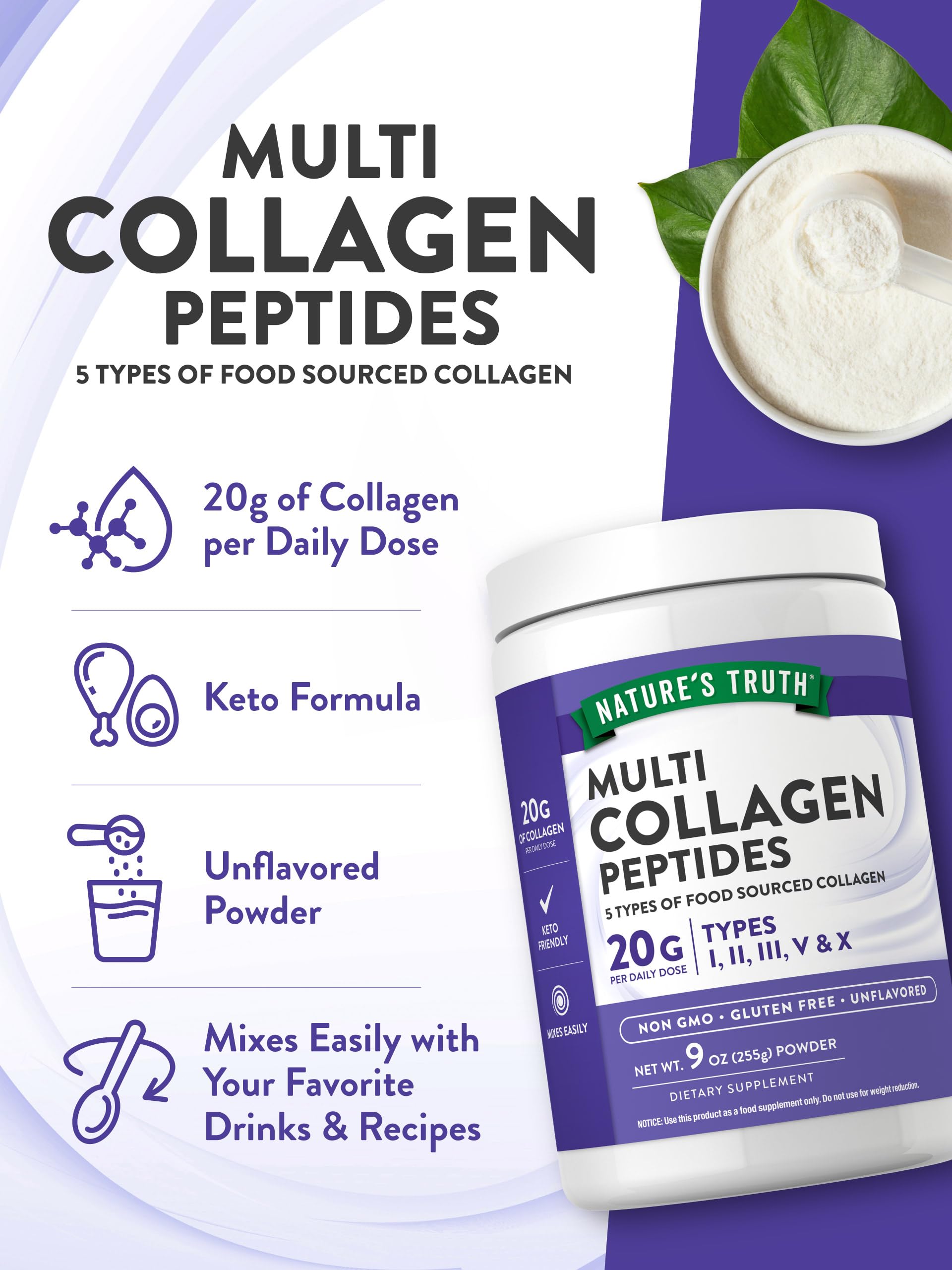 Nature's Truth Multi Collagen Peptide Powder | 9 oz | Type I, II, III, V, X | Unflavored | Non-GMO & Gluten Free Supplement