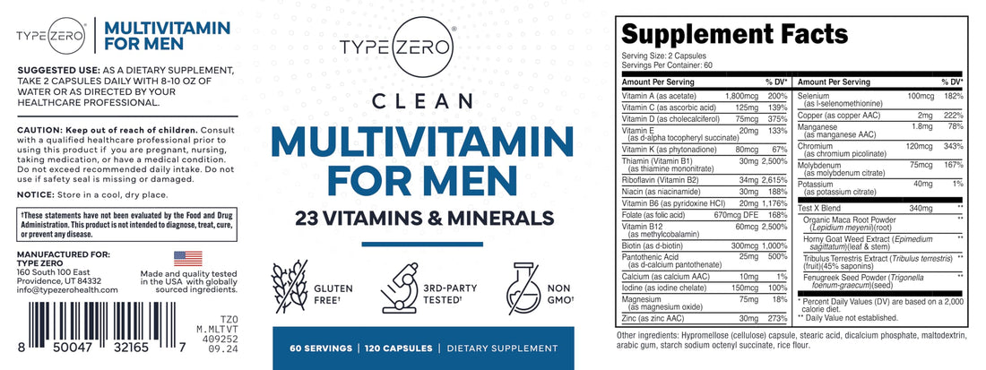 Type Zero Multivitamin Capsules for Men (120 Capsules) (1200 mg) - Gluten-Free, 60 Servings