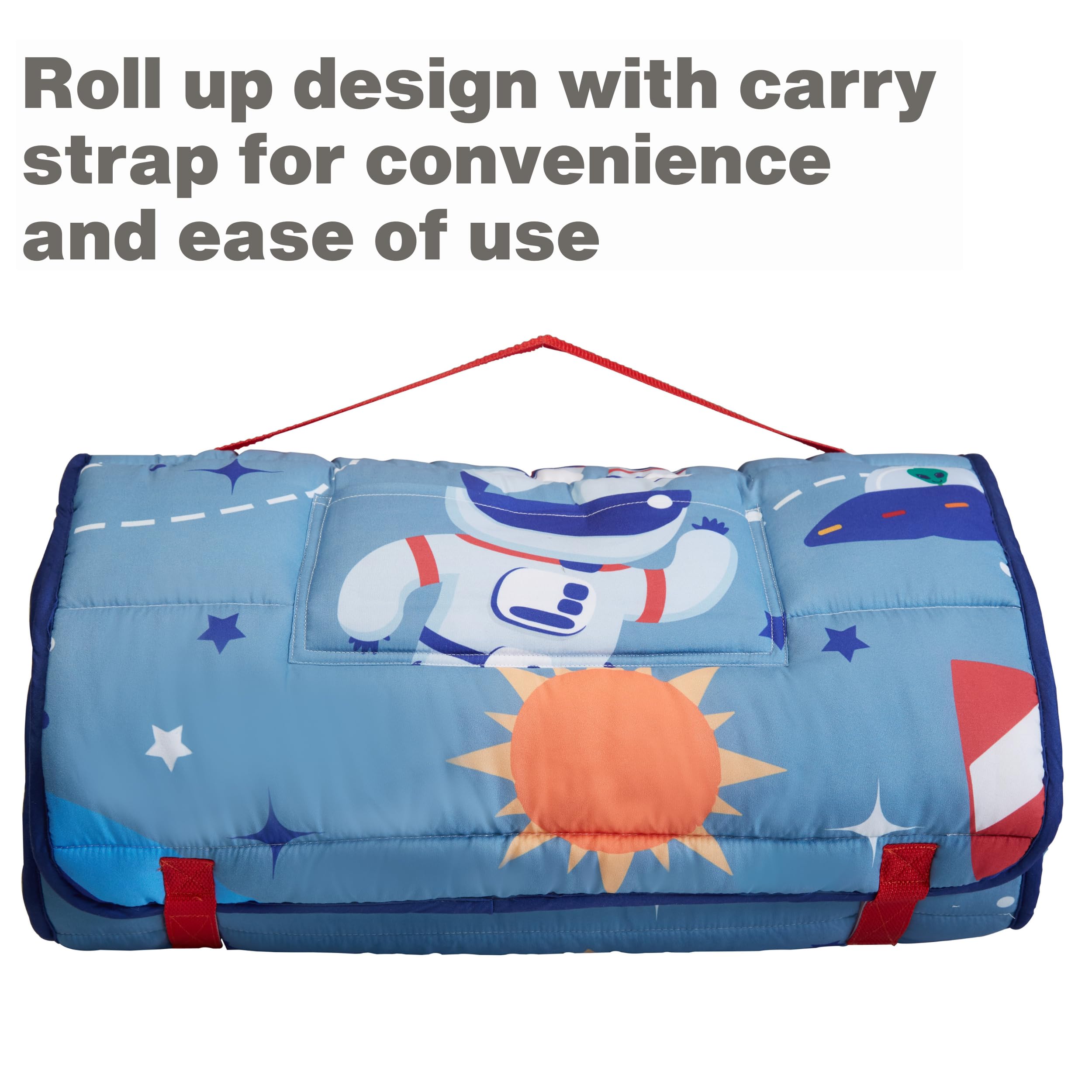 EVERYDAY KIDS Nap Mat w/Removable Pillow -Outer Space Adventures- Carry Handle with Straps Closure, Rollup Design, Soft Microfiber for Preschool, Daycare, Travel Sleeping Bag - Ages 3-6 Years