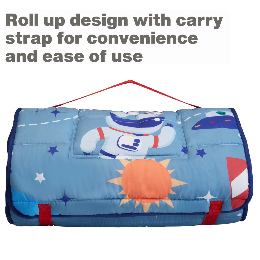 EVERYDAY KIDS Nap Mat w/Removable Pillow -Outer Space Adventures- Carry Handle with Straps Closure, Rollup Design, Soft Microfiber for Preschool, Daycare, Travel Sleeping Bag - Ages 3-6 Years