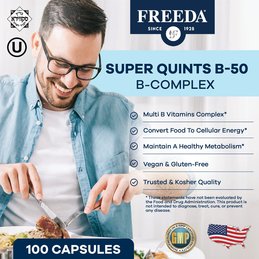 FREEDA Vitamin B Complex - Kosher Super B Complex Vitamin Supplement for Women & Men with Biotin, Vitamin B12, B1, B2, B3, B6, Folic Acid - Energy Metabolism Booster - Super Quints B-50 (250 Capsules)