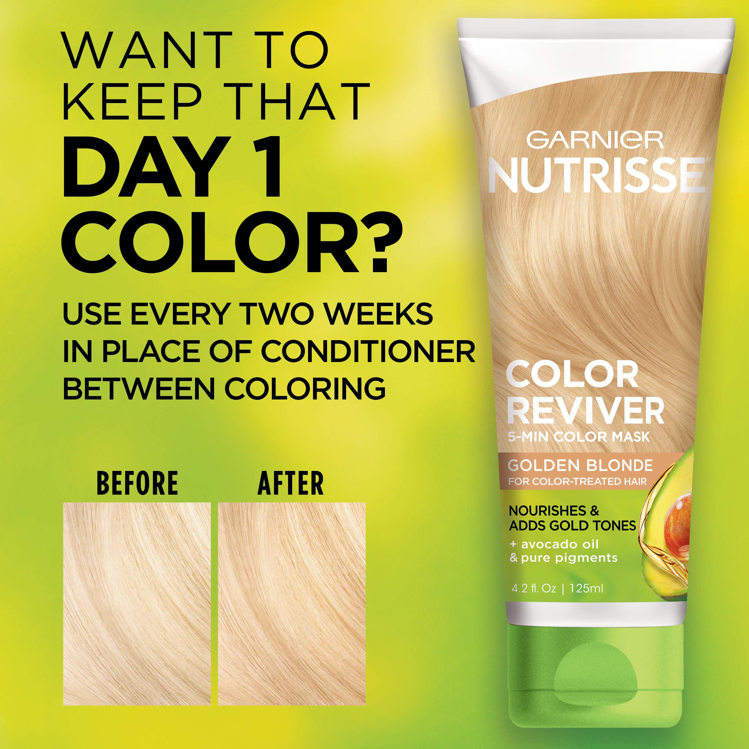 Garnier Nutrisse 5 Minute Nourishing Color Hair Mask with Triple Oils Delivers Day 1 Color Results, for Color Treated Hair, Golden Blonde, 4.2 Fl Oz