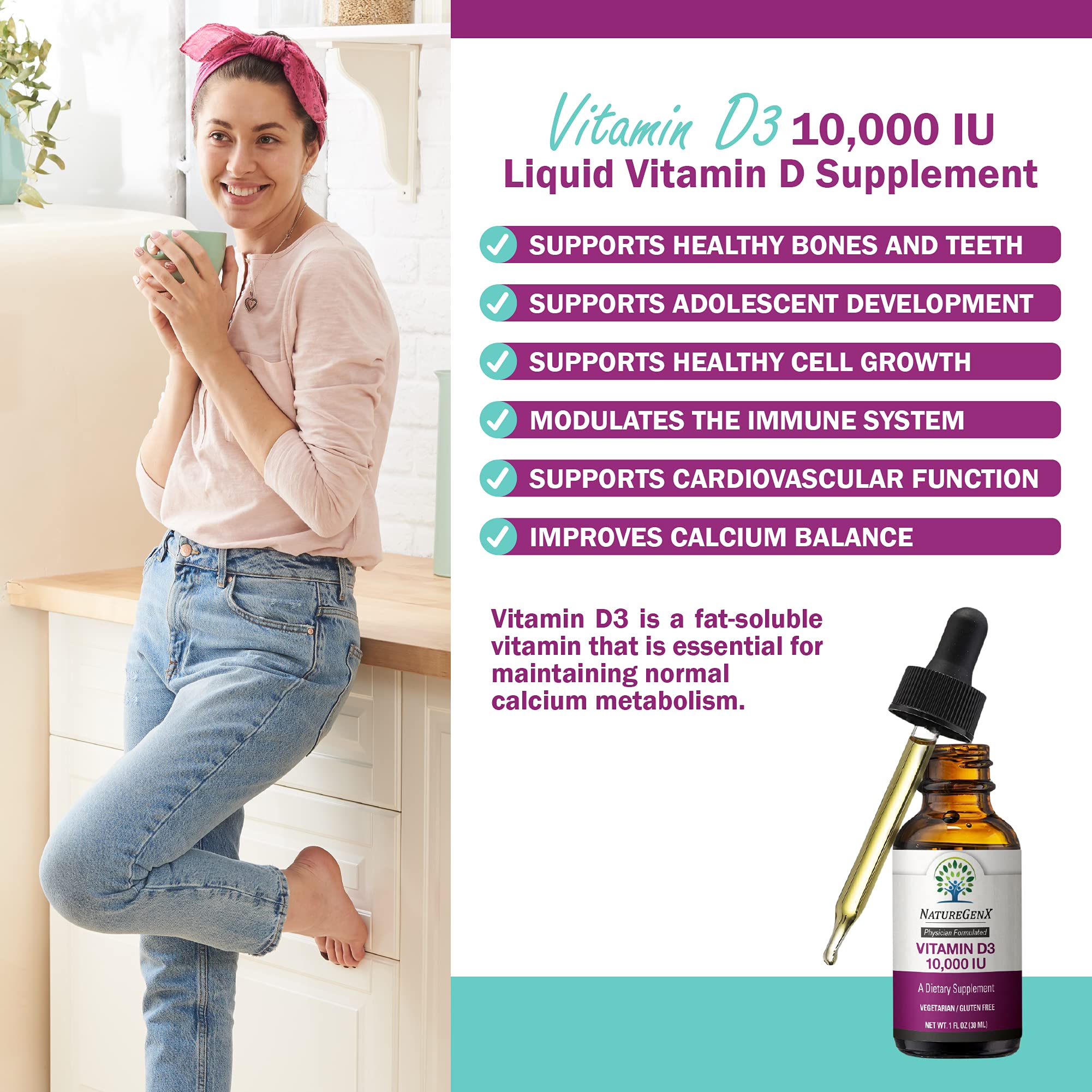 NatureGenX Vitamin D Liquid Drops for Adults: Vegan D3 10000 IU for Immune Support & Bone Strength Supplements, Non-GMO & Gluten Free Liquid Vitamin D for Women & Men, 30ml, 30 Servings