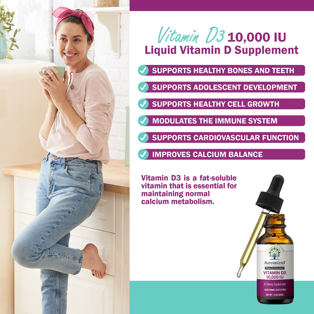 NatureGenX Vitamin D Liquid Drops for Adults: Vegan D3 10000 IU for Immune Support & Bone Strength Supplements, Non-GMO & Gluten Free Liquid Vitamin D for Women & Men, 30ml, 30 Servings
