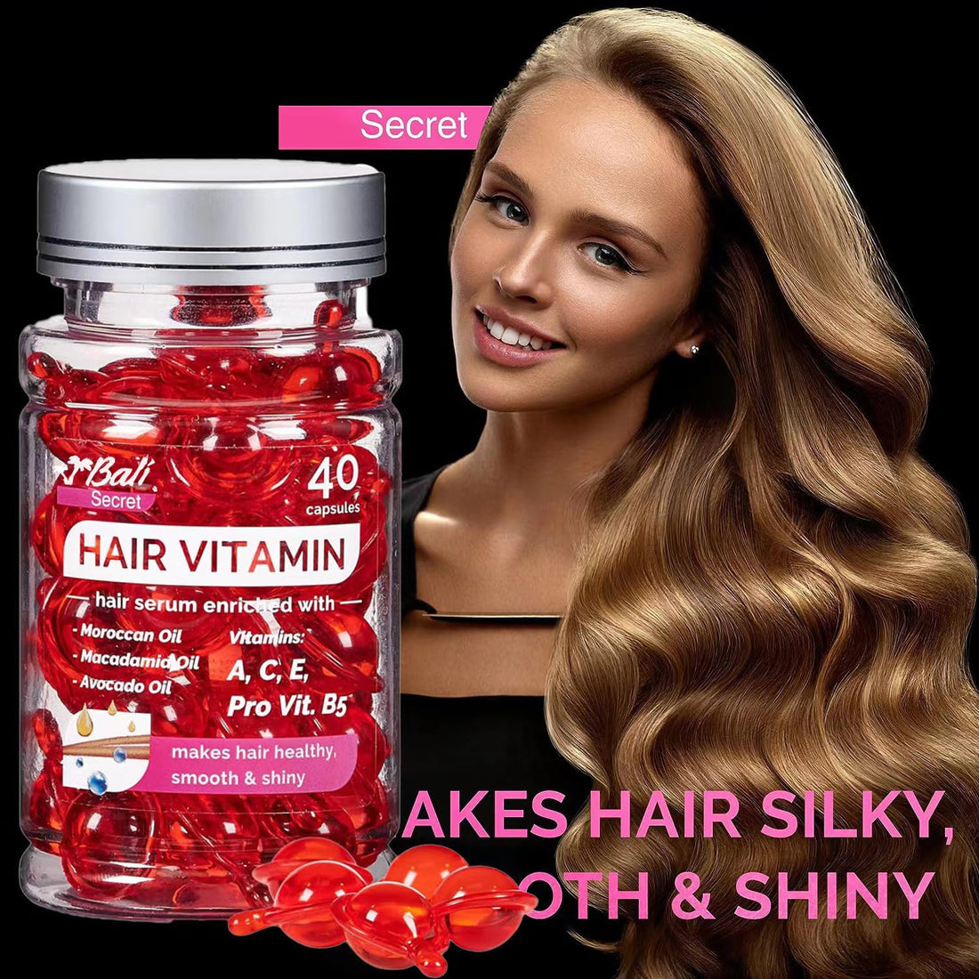 Bali Secret Hussell Hair Treatment Serum - 40 Hair Care Capsules - No Rinse - With Argan Macadamia & Avocado Oils - Vitamins A, E, & Pro B5 - Conditioner for Women & Men