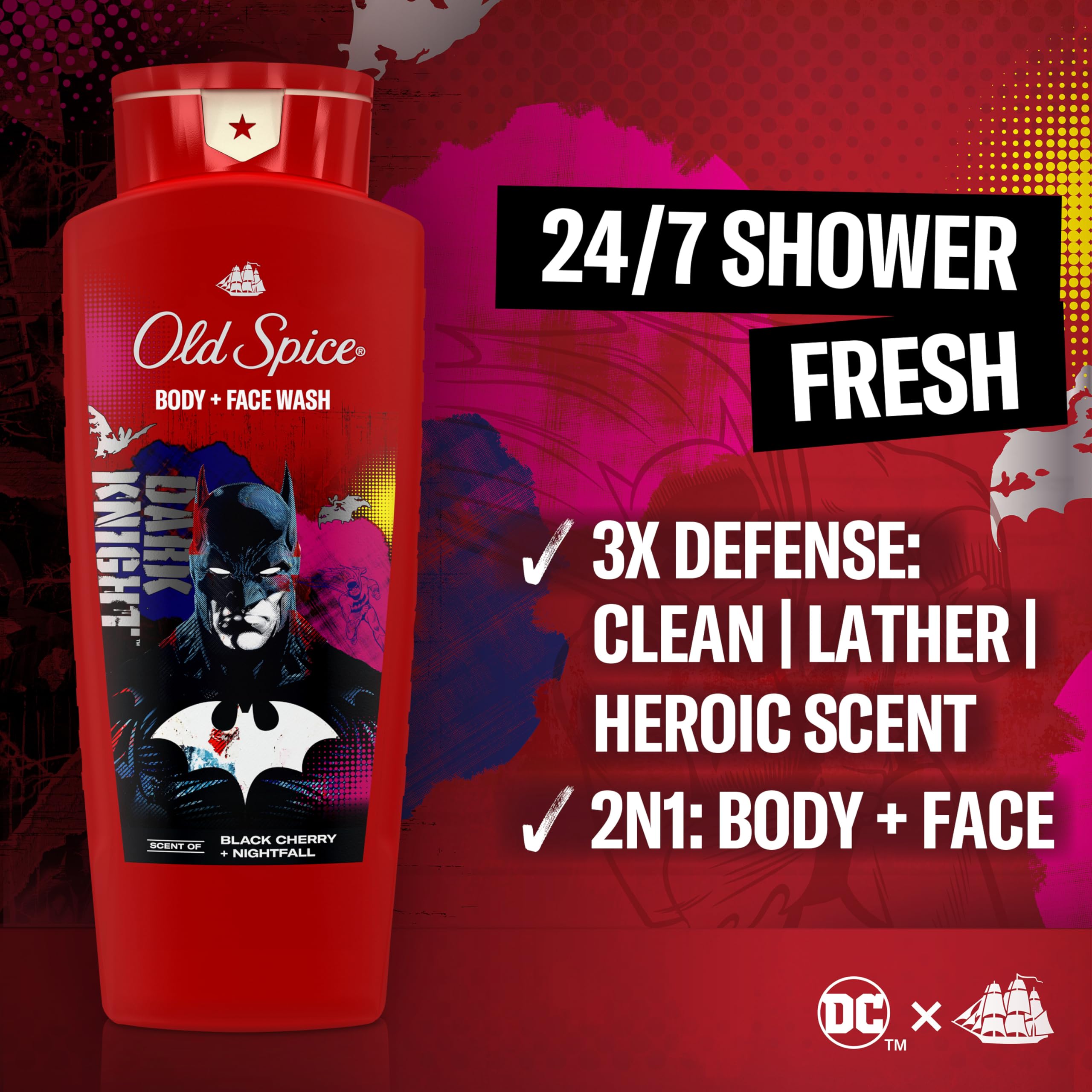 Old Spice Cleansing Body Wash for Men, 3X Defense, 24/7 Shower Fresh with Lasting Scent, 2-in-1 Body & Face Wash, Smell Like a Hero, Batman, Black Cherry and Nightfall Scent, 24 oz