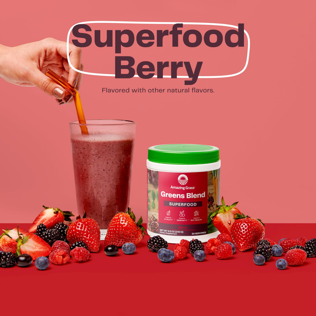 Amazing Grass Greens Superfood Powder: Greens Powder with Digestive Enzymes & Probiotics, Organic Spirulina, Chlorella, and Beet Root Powder, Berry, 100 Servings