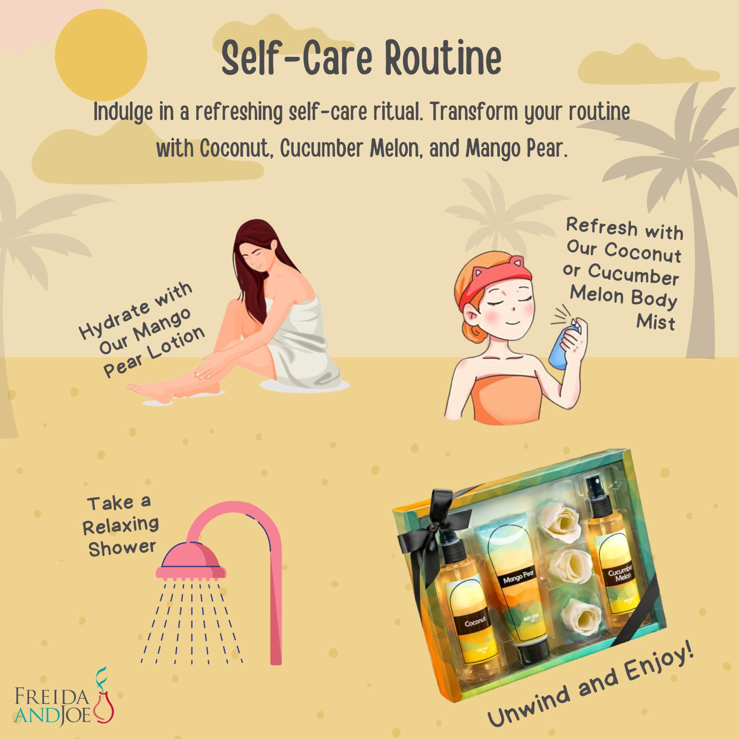 Fine Fragrance Body Mist & Body Splash Gift Set – Luxury Self-Care Combo for Women and Girls (Coconut, Cucumber, Mango Pear, Rose Soap) Valentines Gift for Women