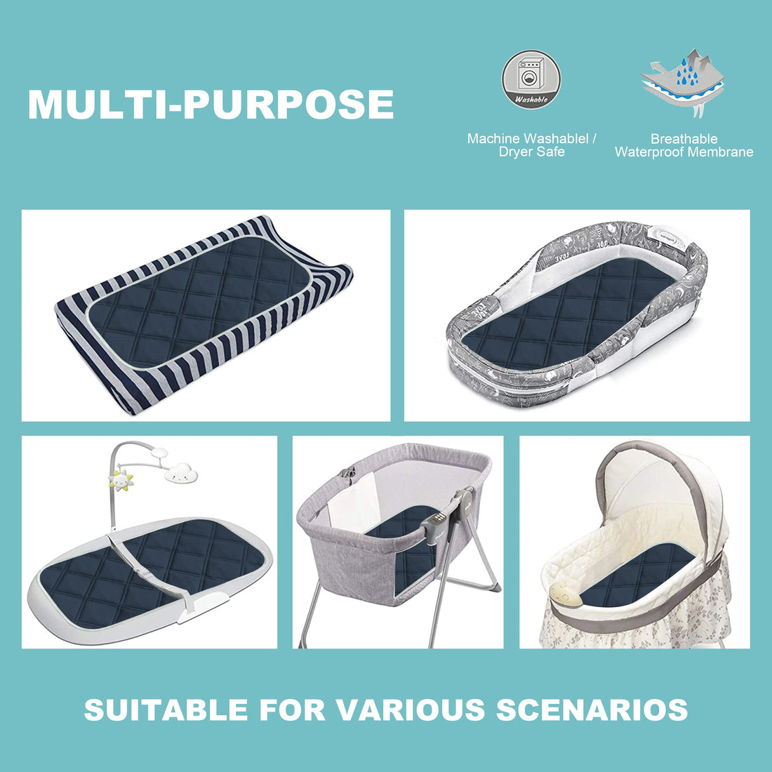 Sunny zzzZZ 6 Pack Baby Waterproof Changing Pad Liners - Quilted Thicker Ultra Soft Changing Table Cover Liners - Durable & Easy to Clean - Navy Blue - 23 x 11