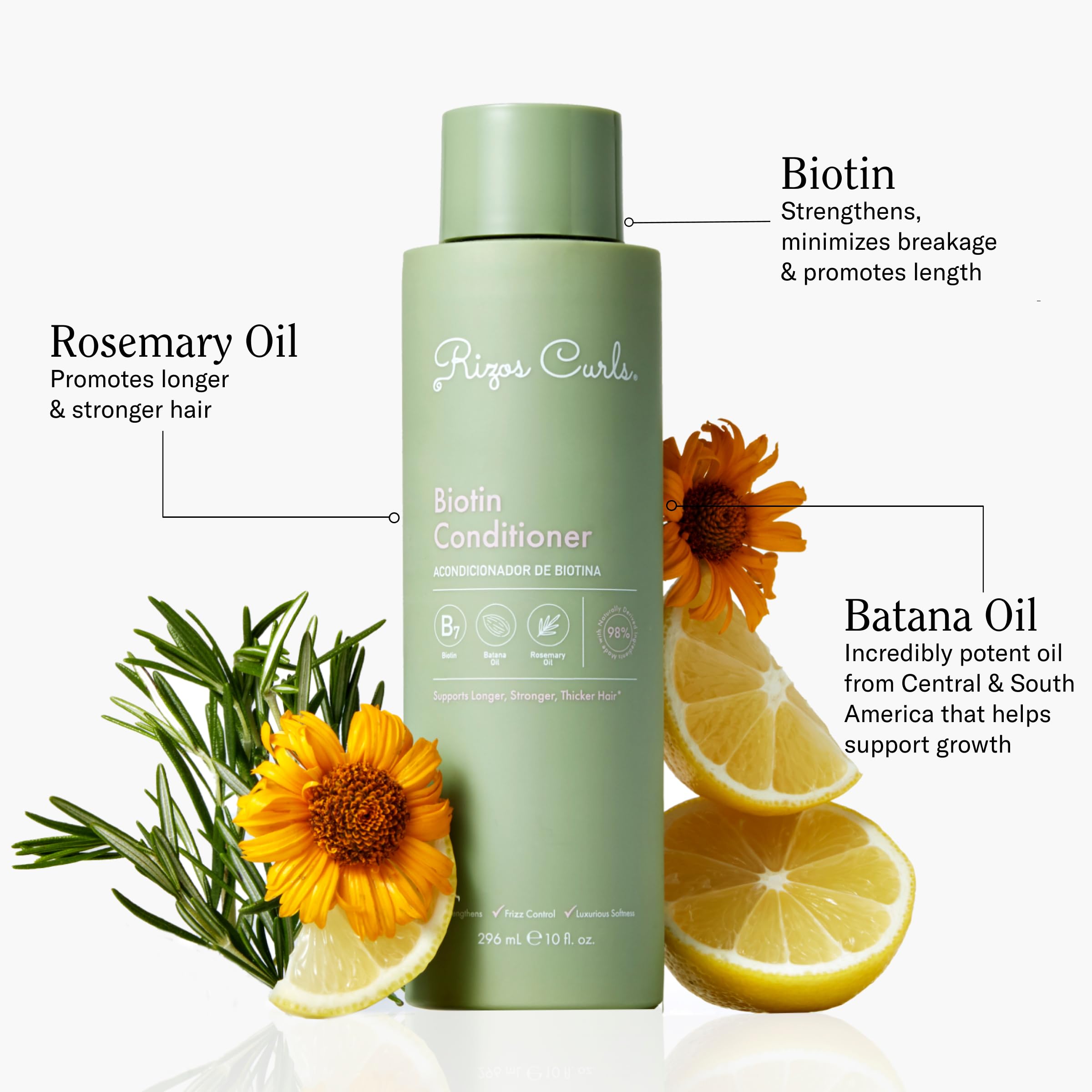 Rizos Curls Biotin Conditioner, Strengthen & Nourish, Rosemary Oil & Oat Protein for Longer and Stronger Hair, Hair is Fuller, Softer & Shinier, 10 oz