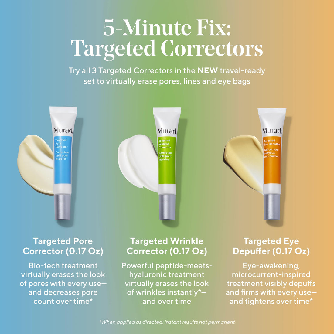 Murad 5 Min Fix: Targeted Correctors Travel Trio Kit - Anti-Aging Skincare Kit, Reduces the Look of Fine Lines and Wrinkles - Brightens and Depuffs Under Eyes - Erases the Look of Pores - 3-Piece Set
