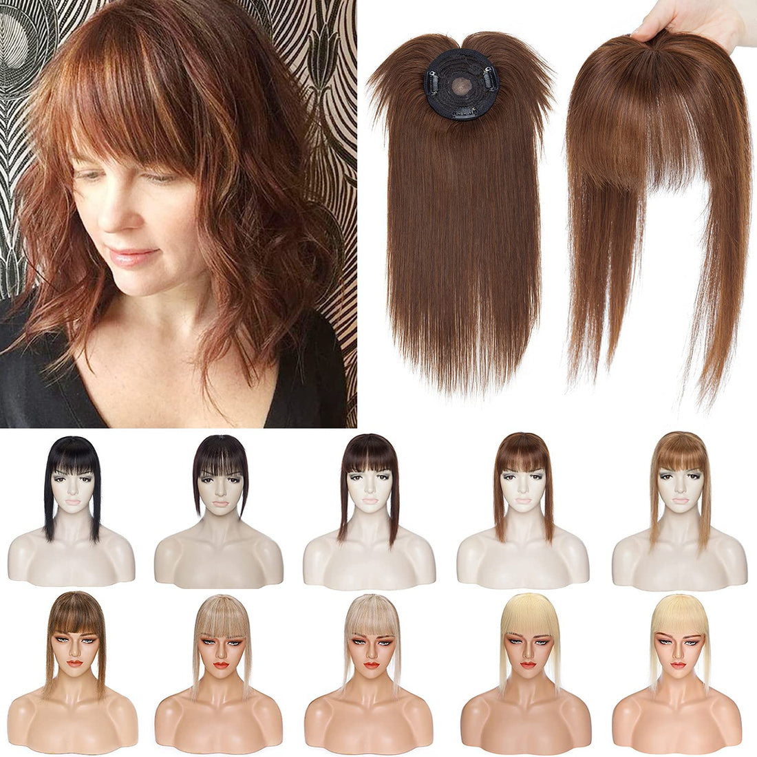 S-noilite Clip In Topper with Bangs 100% Real Human Hair Mono Base Crown Toppers with Wispy Fringe Medium Brown Top Hairpiece For Women with Thinning Hair Cover Grey Hair 10Inch 32g #4