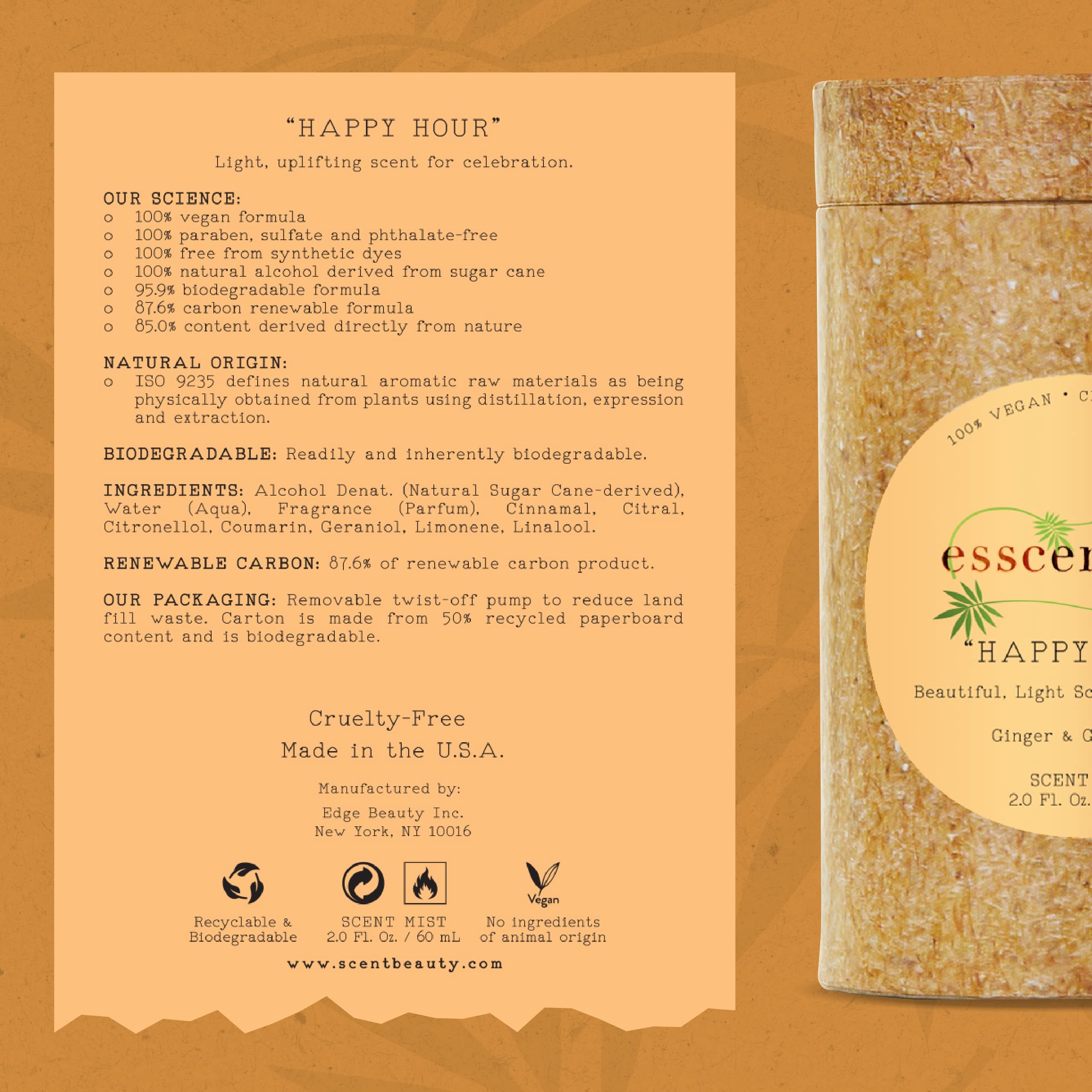 ESSCENTIALS Happy Hour Fragrance Mist | Light, Buildable, Spray Fragrance Featuring Subtle Notes Of Ginger & Grapefruit, 2.0 oz / 60mL