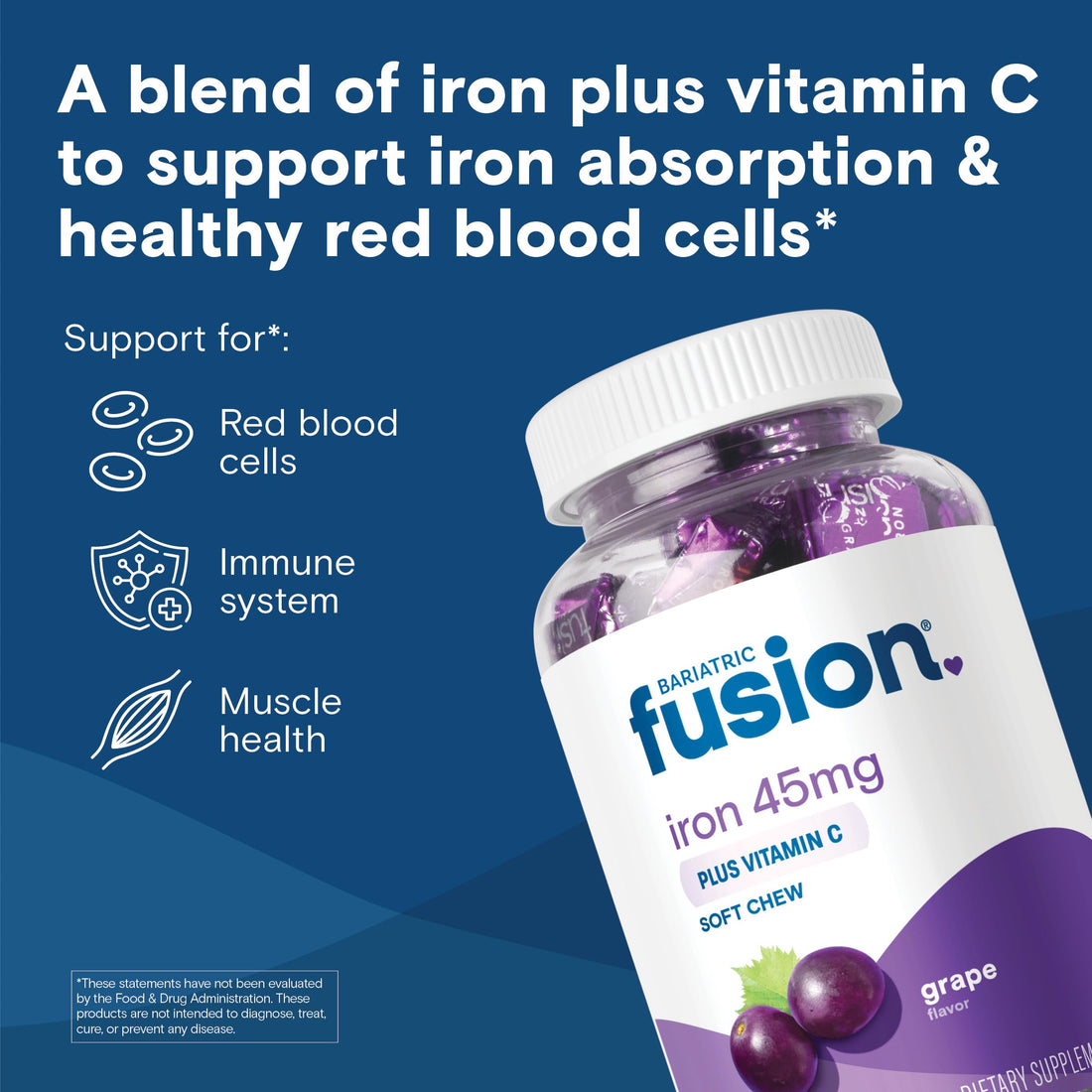 Bariatric Fusion Iron Supplement for Women with Vitamin C | Grape Flavored Soft Chew | Bariatric Iron Chewable Vitamin | Gentle on Stomach Ferrous Fumarate | 60 Count | 2 Month Supply
