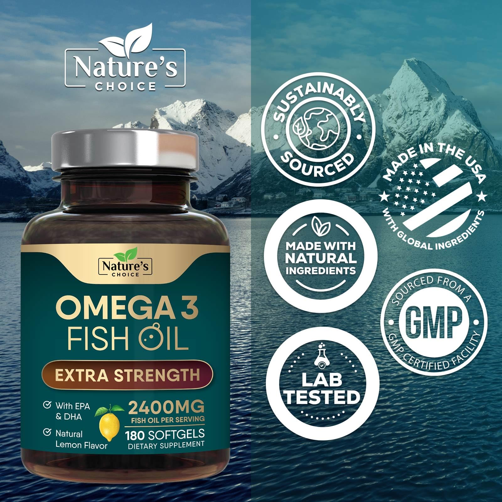 Omega 3 Fish Oil 2400 mg Supplement, Triple Strength Omega-3 Supplement Softgels, Brain & Heart Health Support, EPA & DHA, Nature's Fish Oil Fatty Acids Supplements, Gluten Free, Non-GMO, 180 Softgels