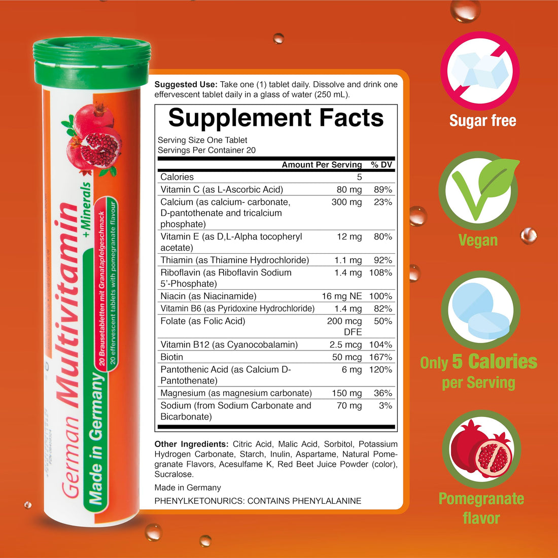 T&D German Multivitamin + Mineralien Drink Effervescent Tablets 140 Servings Pomegranate Flavour – 10 Vitamins + 2 Minerals – Made in Germany