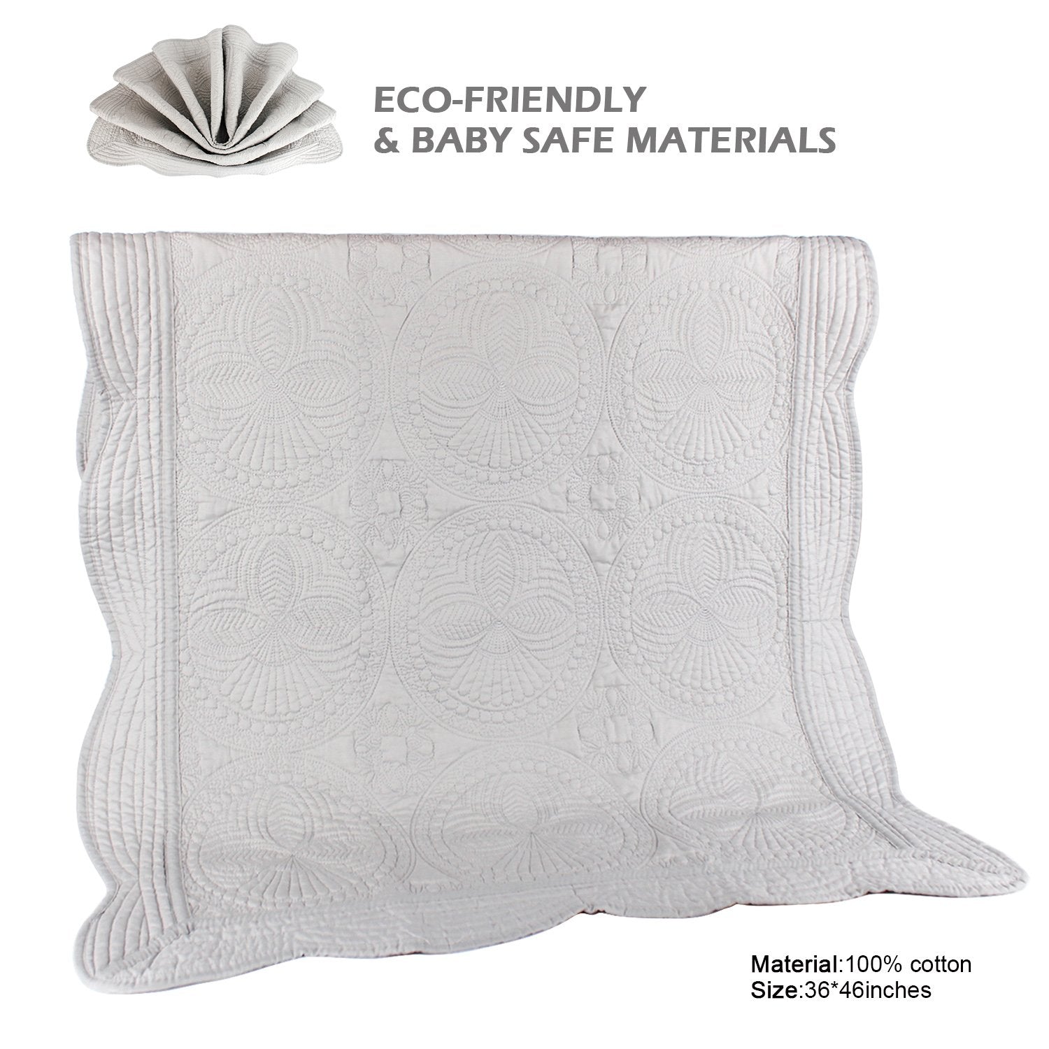 YIQIGO Toddlers and Baby Quilt Lightweight Blanket Embossed Cotton Quilt Four Seasons Scalloped 36 x 46 Newborn Baby Boy/Girl Gift (Gray)