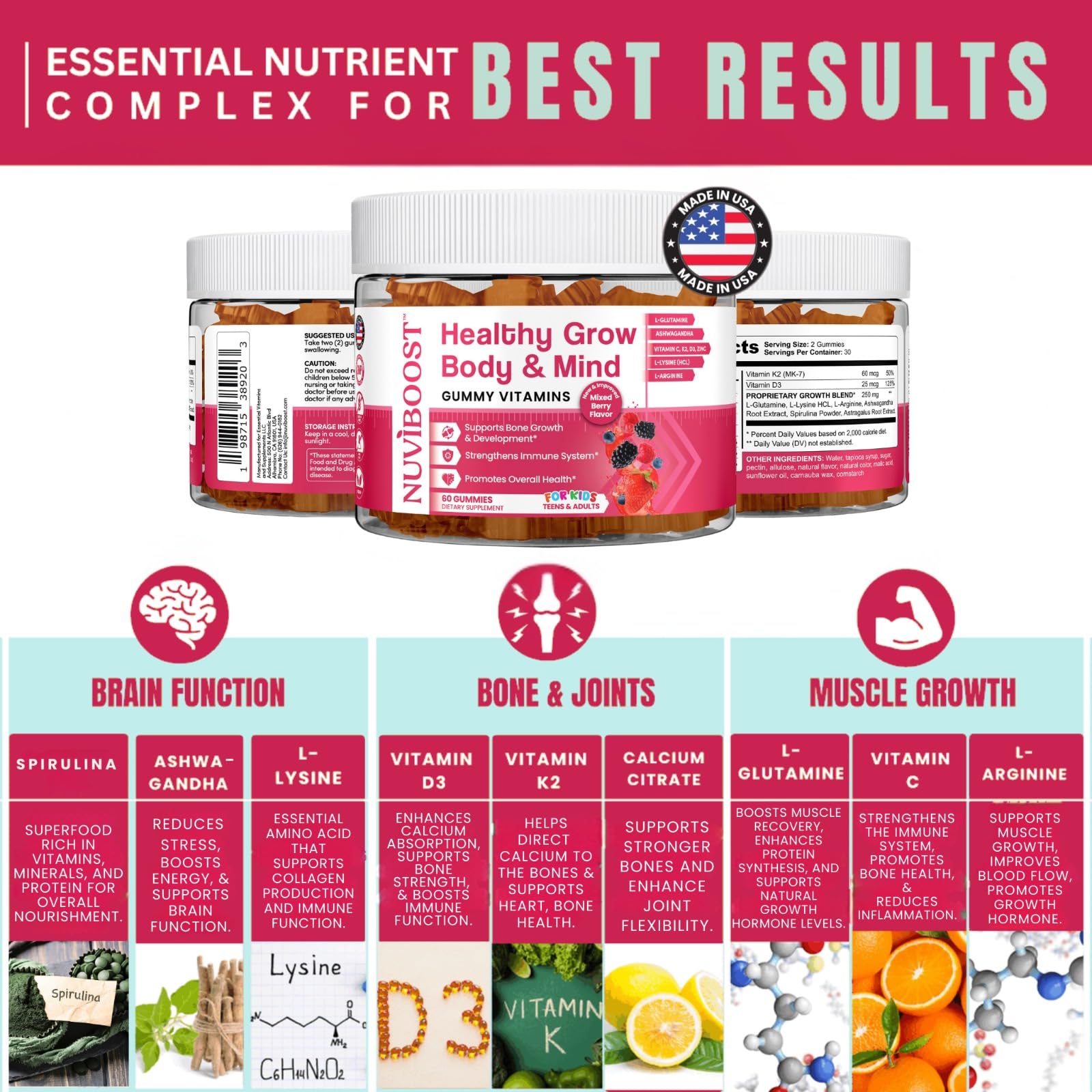 NUVIBOOST Healthy Grow Height Growth Gummies Rich in Calcium, Vitamins C, D3, K2, L-Arginine, Ashwagandha, and Others, Boost Bone Health & Immunity, Multivitamin, for Kids 5+, Teens and Adults.