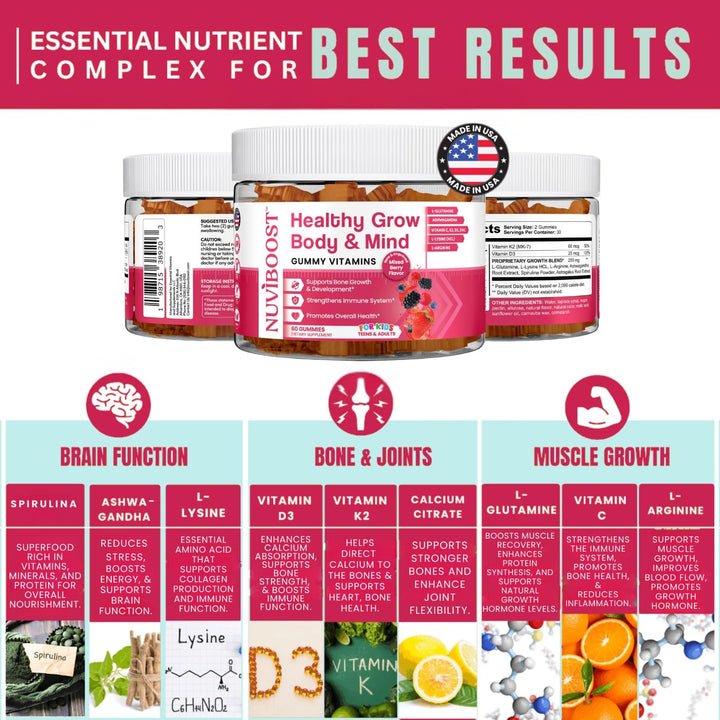 NUVIBOOST Healthy Grow Height Growth Gummies Rich in Calcium, Vitamins C, D3, K2, L-Arginine, Ashwagandha, and Others, Boost Bone Health & Immunity, Multivitamin, for Kids 5+, Teens and Adults.